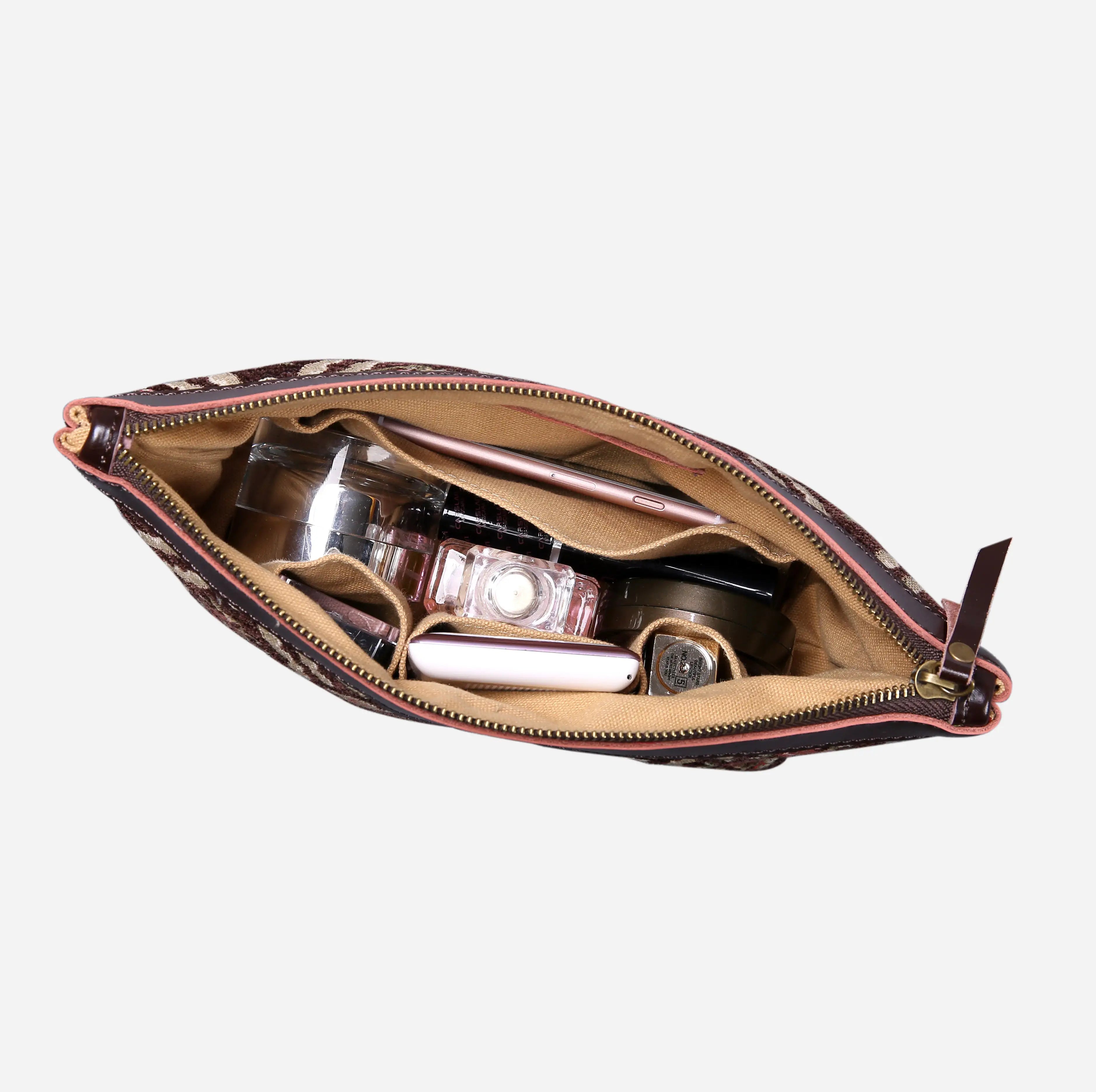 Traditional Coffee Carpet Makeup Bag carpet bag MCW Handmade of America in use