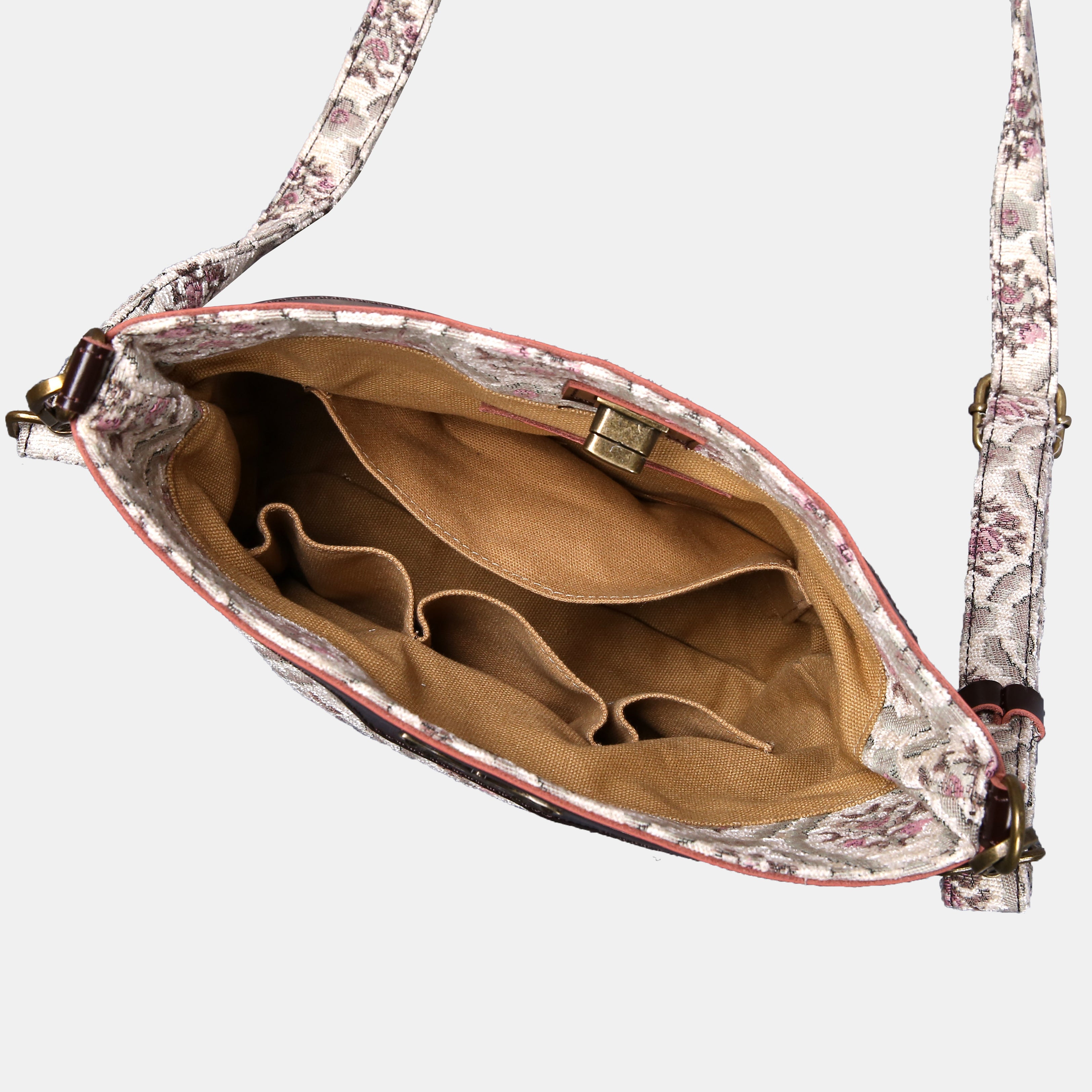 Traditional Cream Carpet Crossbody Bag carpet bag MCW Handmade of America inside