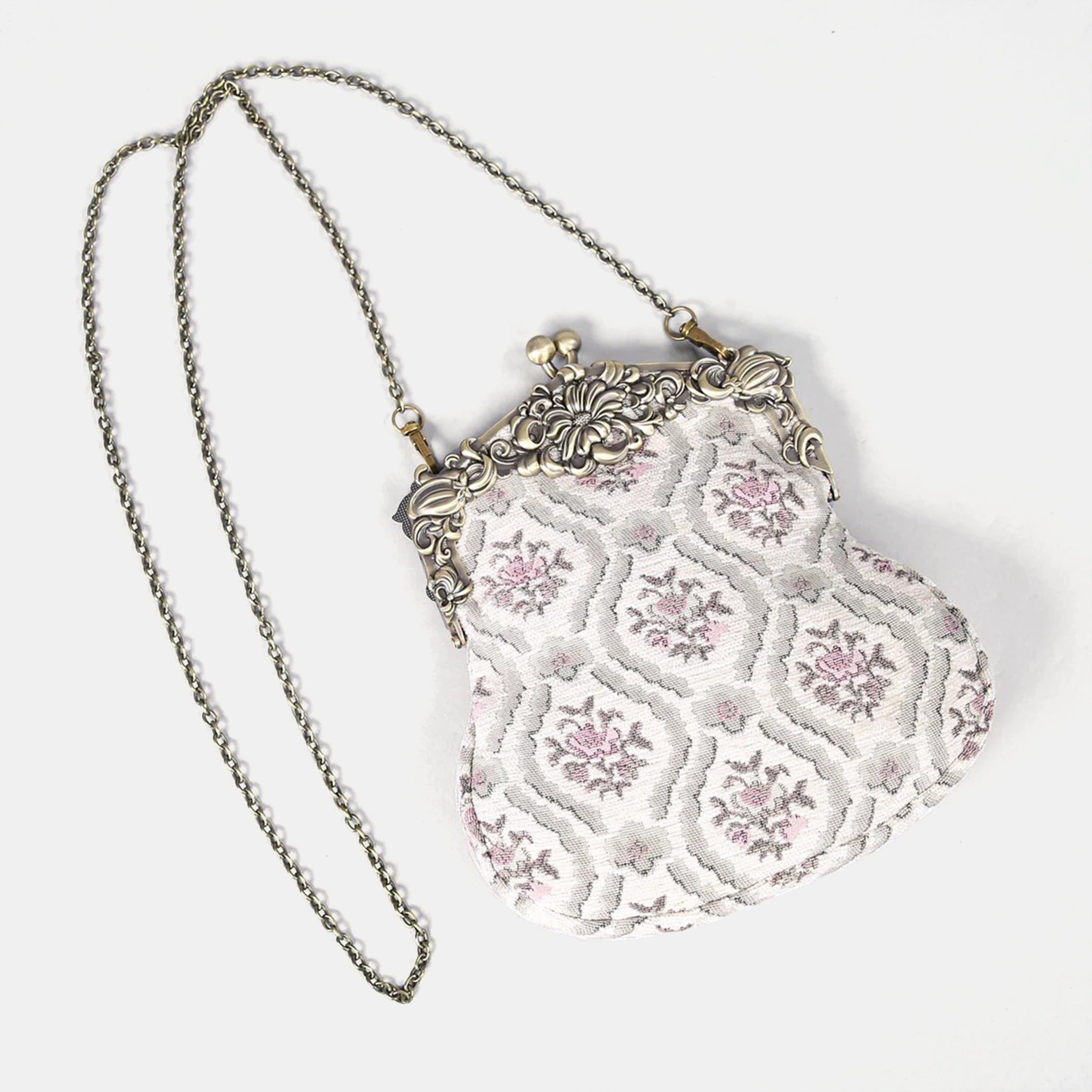 Traditional Cream Chatelaine Purse Large carpet bag of America with long chain