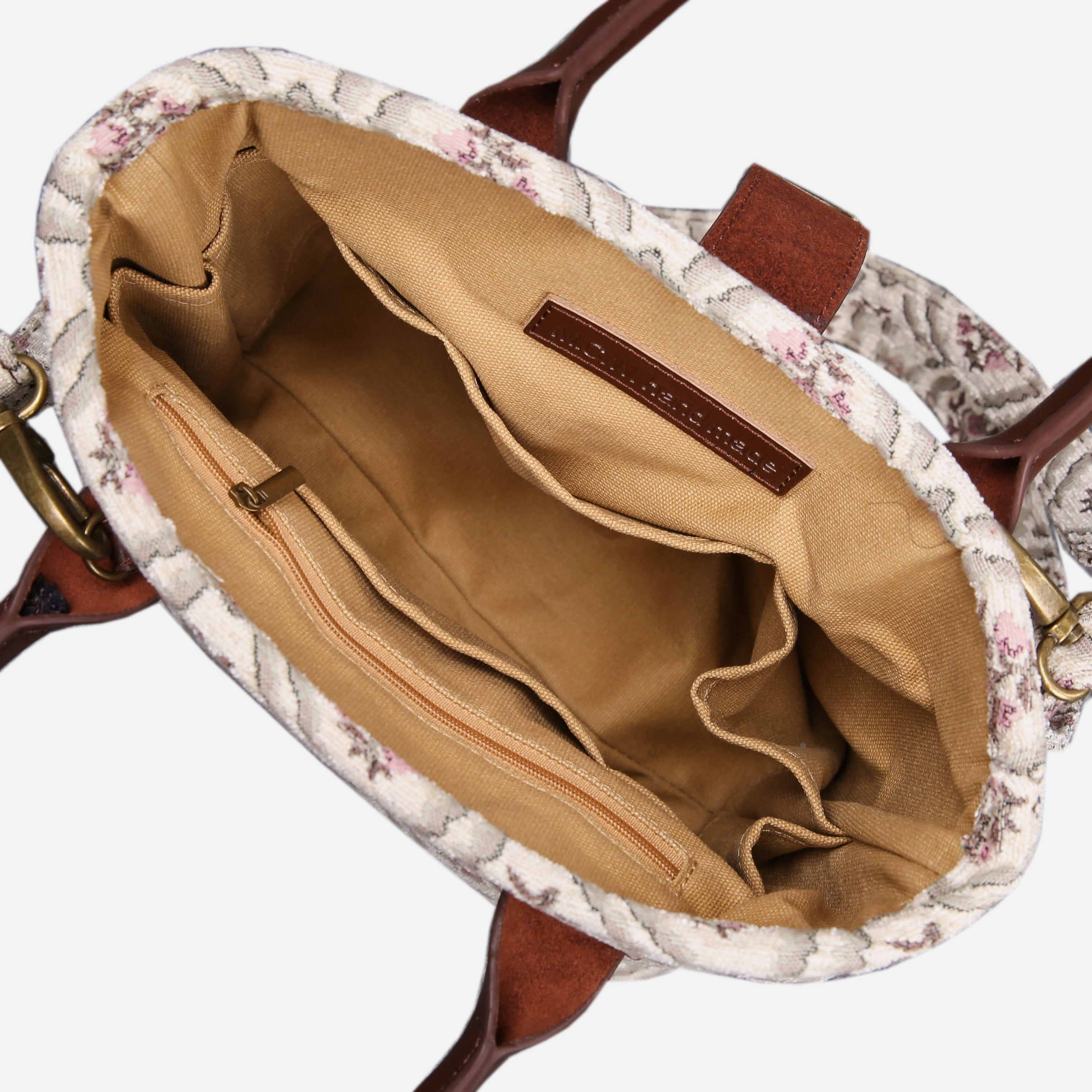 Traditional Cream Tuck Lock Carpet Satchel carpet bag MCW Handmade of America inside