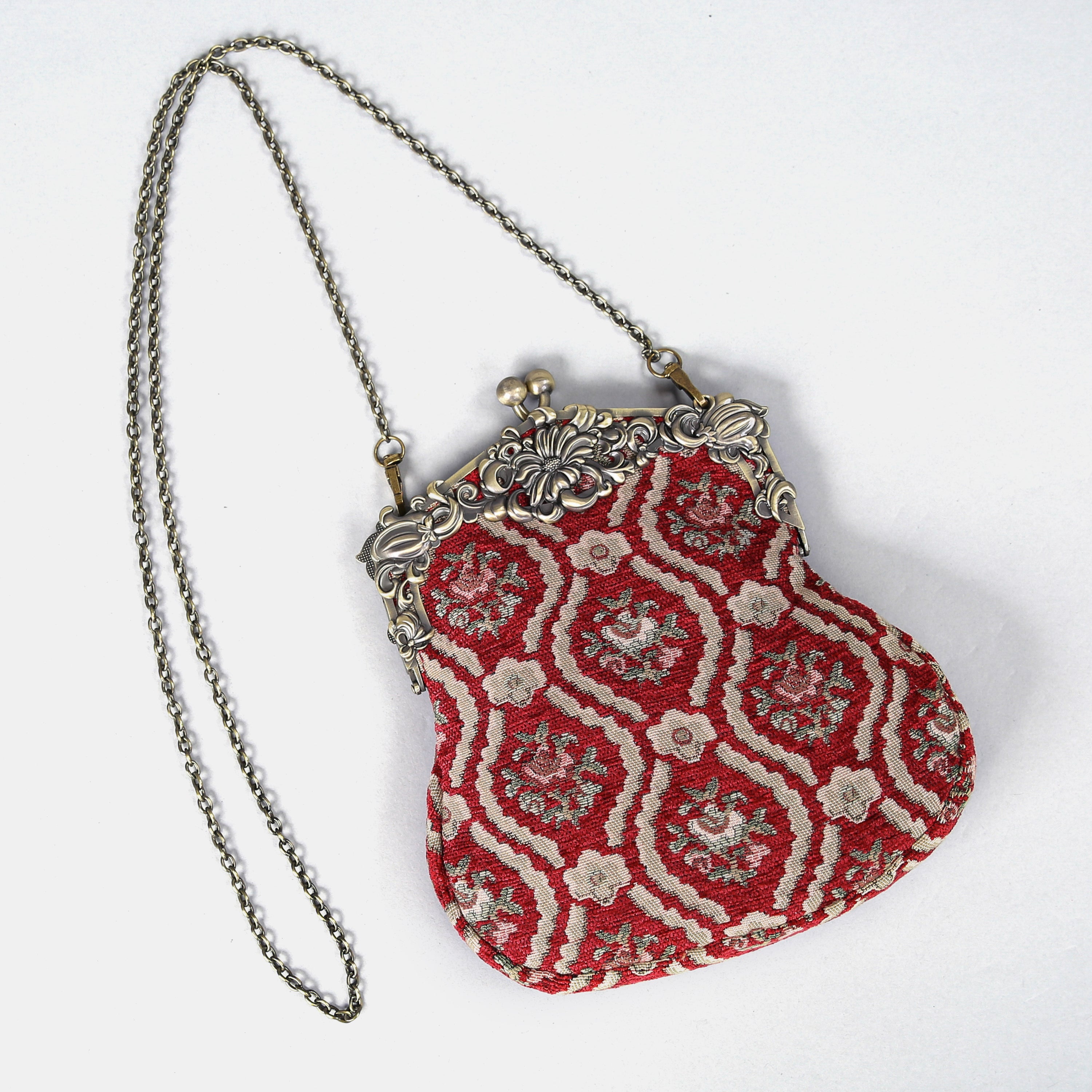 Traditional Red Chatelaine Purse Large carpet bag of America with long chain