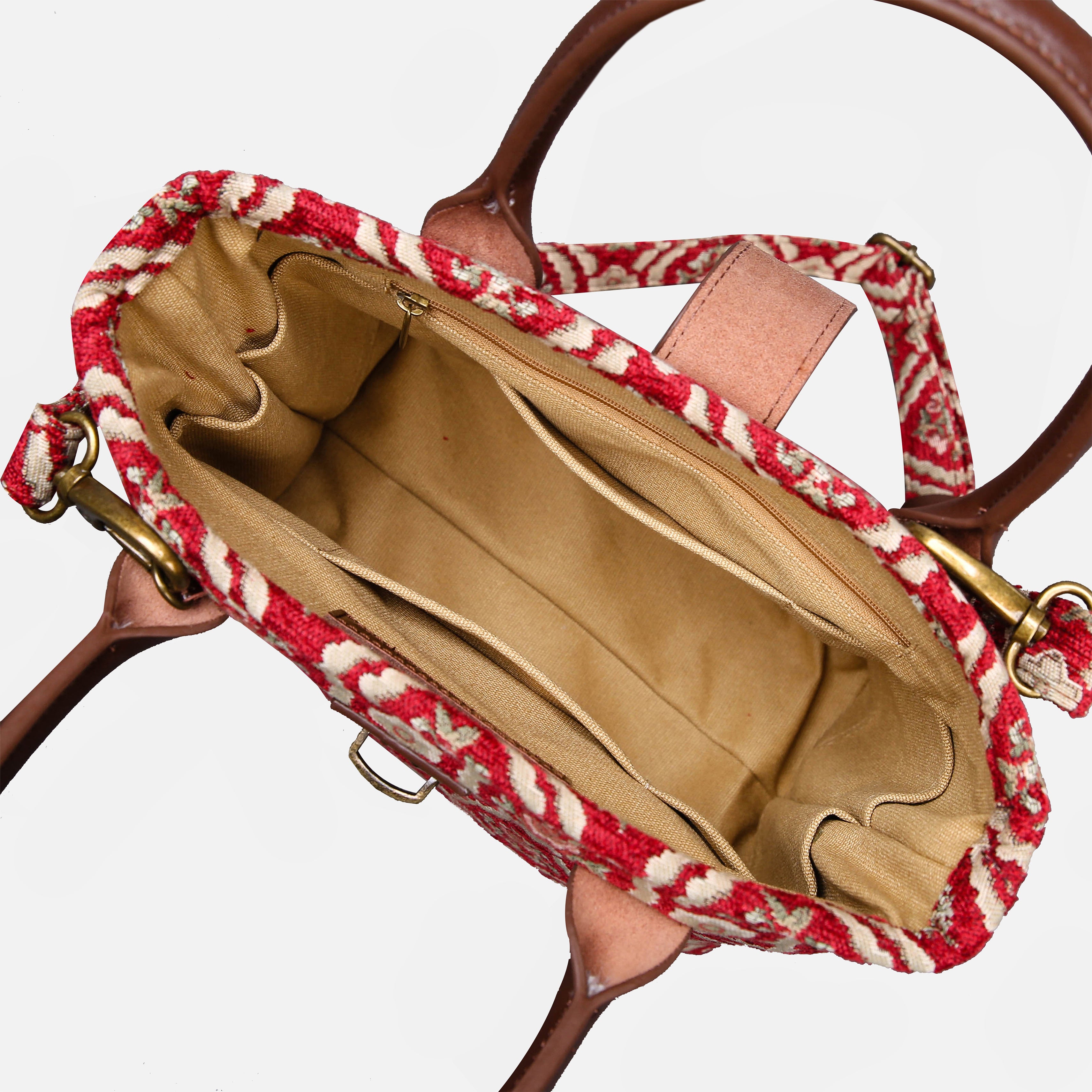 Traditional Red Tuck Lock Carpet Satchel carpet bag MCW Handmade of America inside