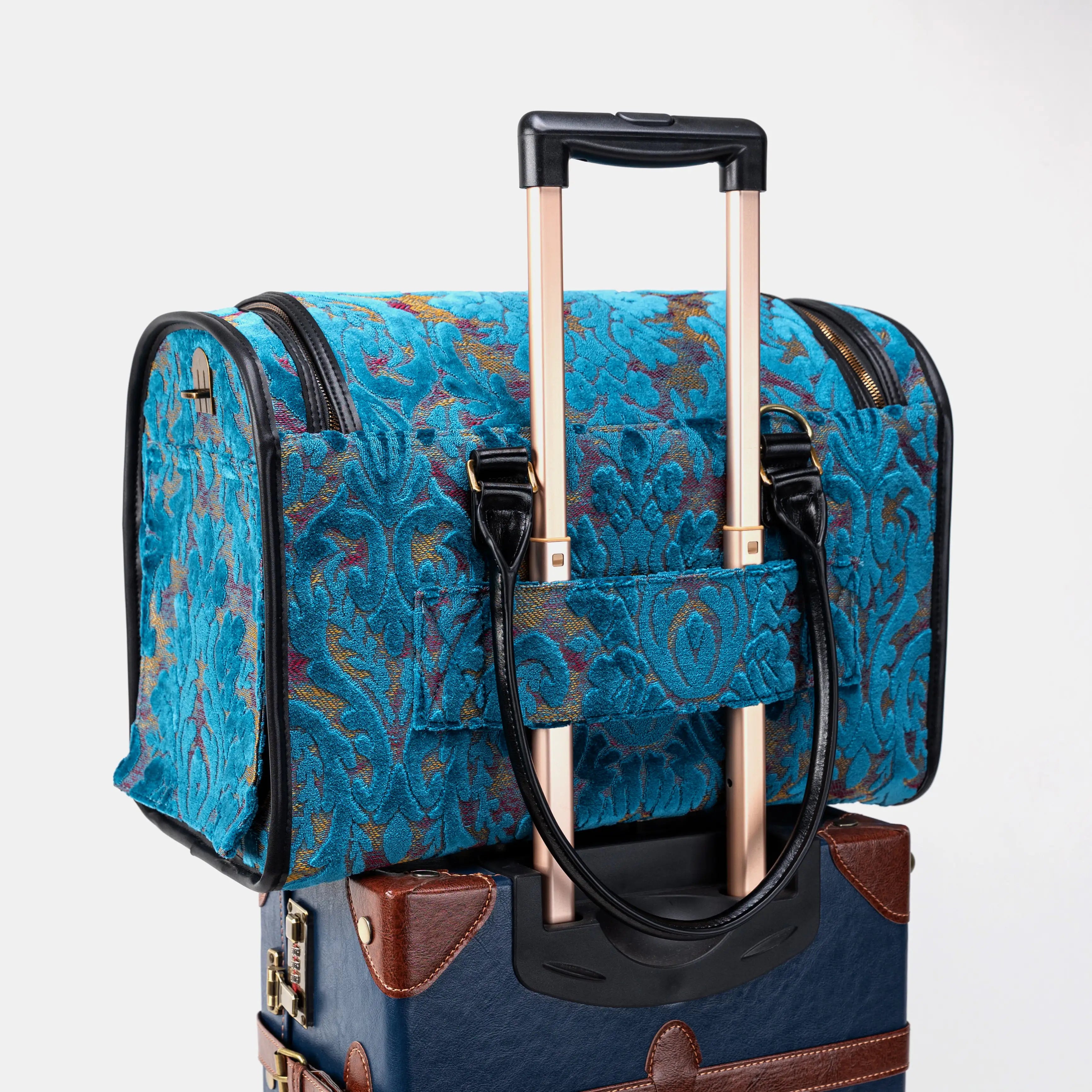 Travel Dog Carrier Bag Burnout Velvet Aqua Blue of America with Luggage Holder