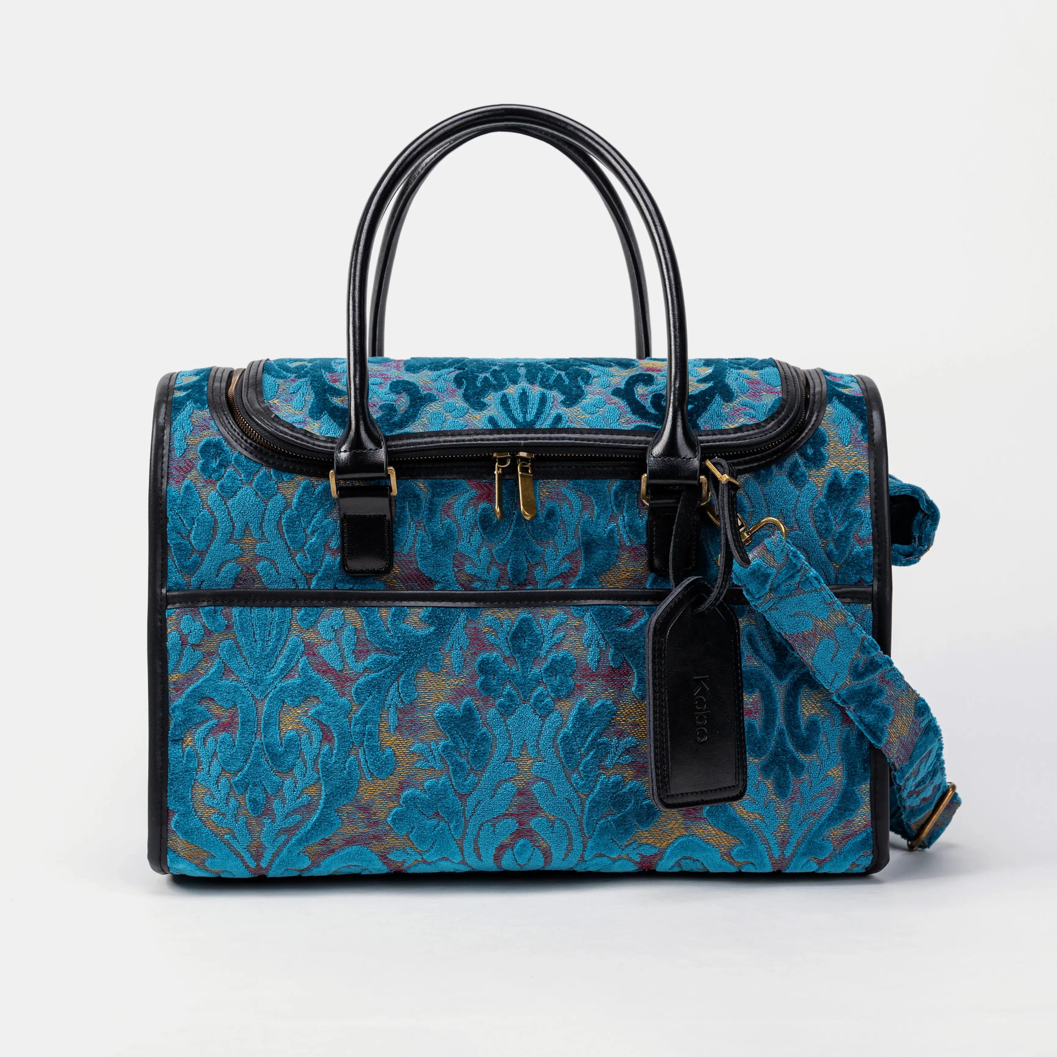 Travel Dog Carrier Bag Burnout Velvet Aqua Blue of America Front