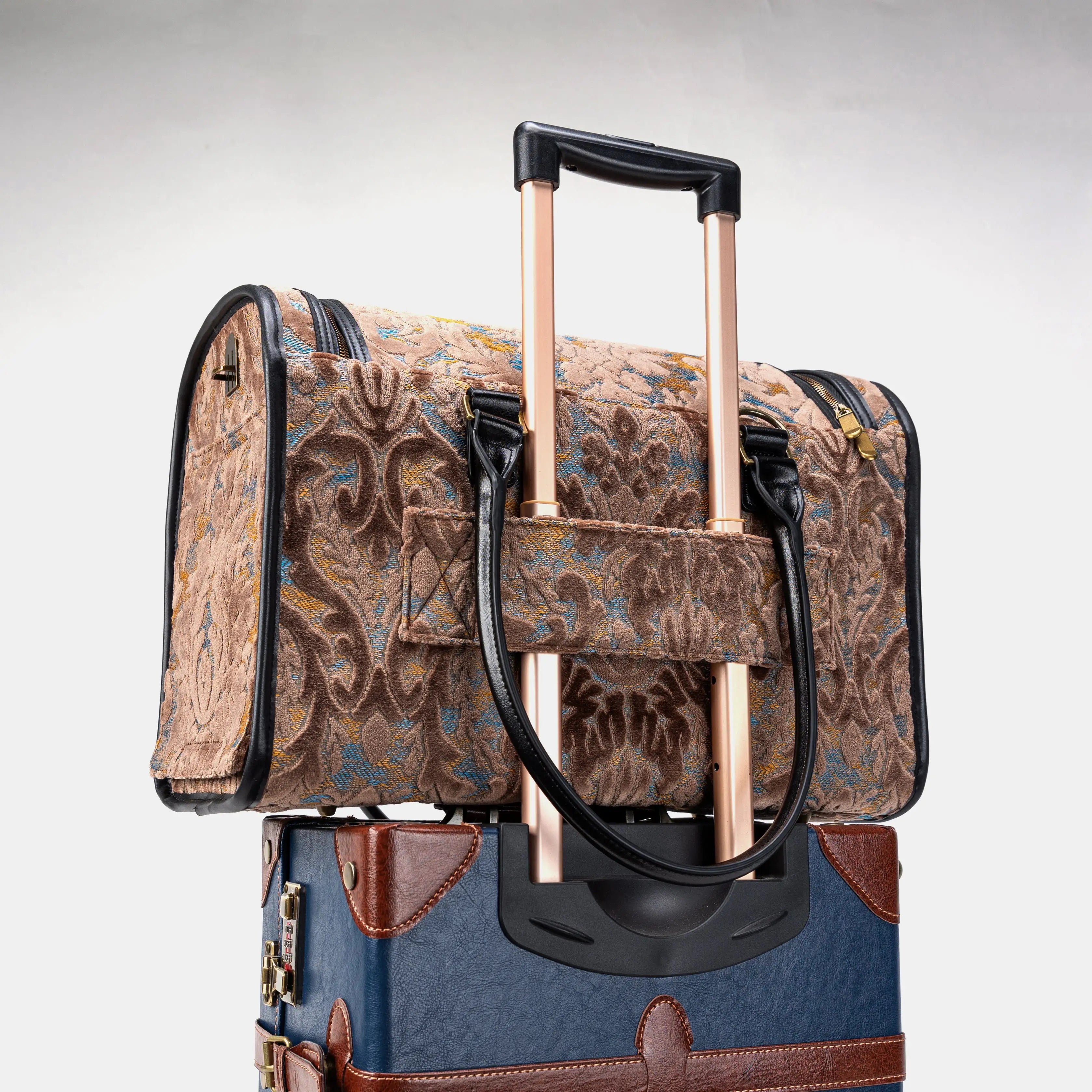 Travel Dog Carrier Bag  Burnout Velvet Camel of America with Luggage Holder