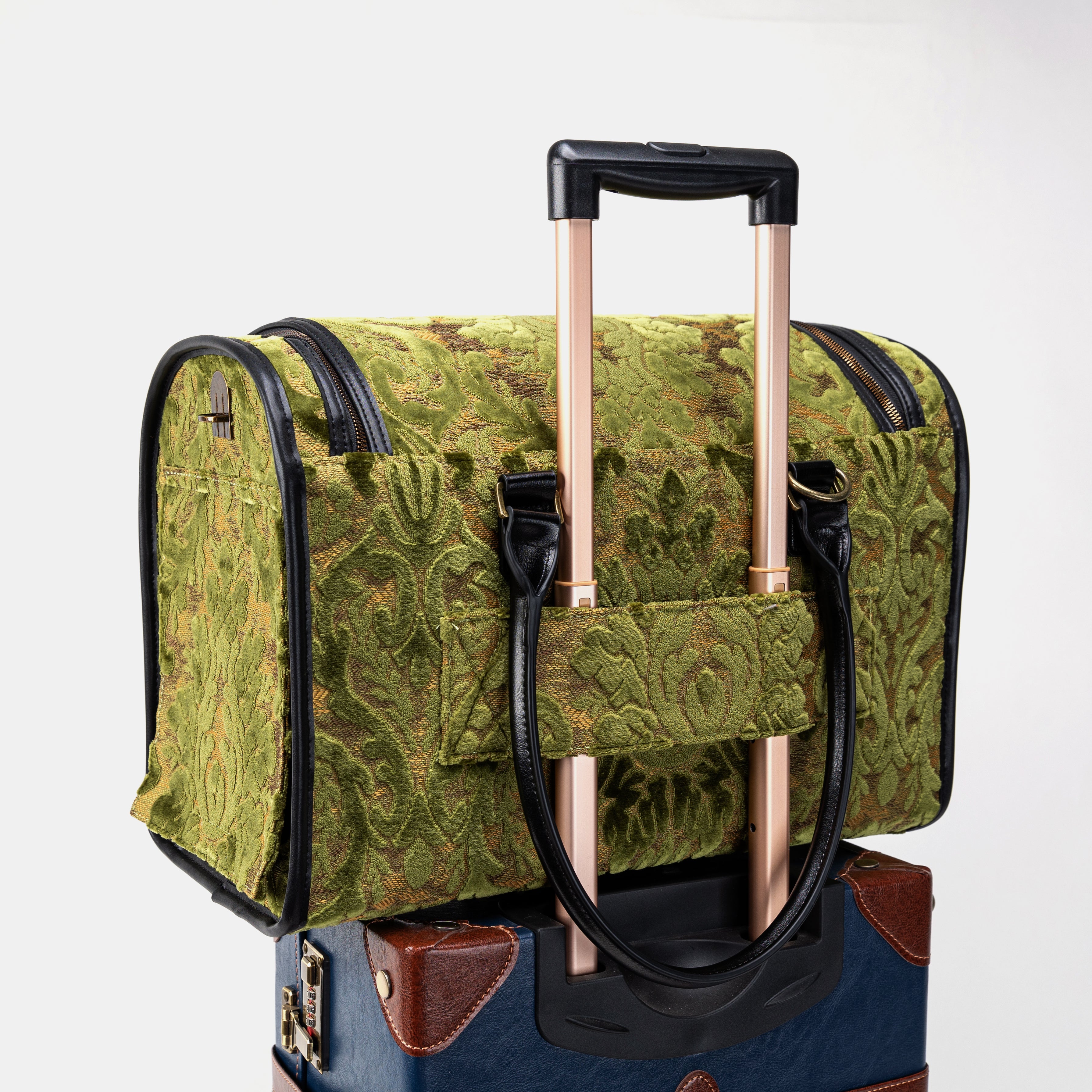Travel Dog Carrier Bag Burnout Velvet Fern Green of America with Luggage Holder