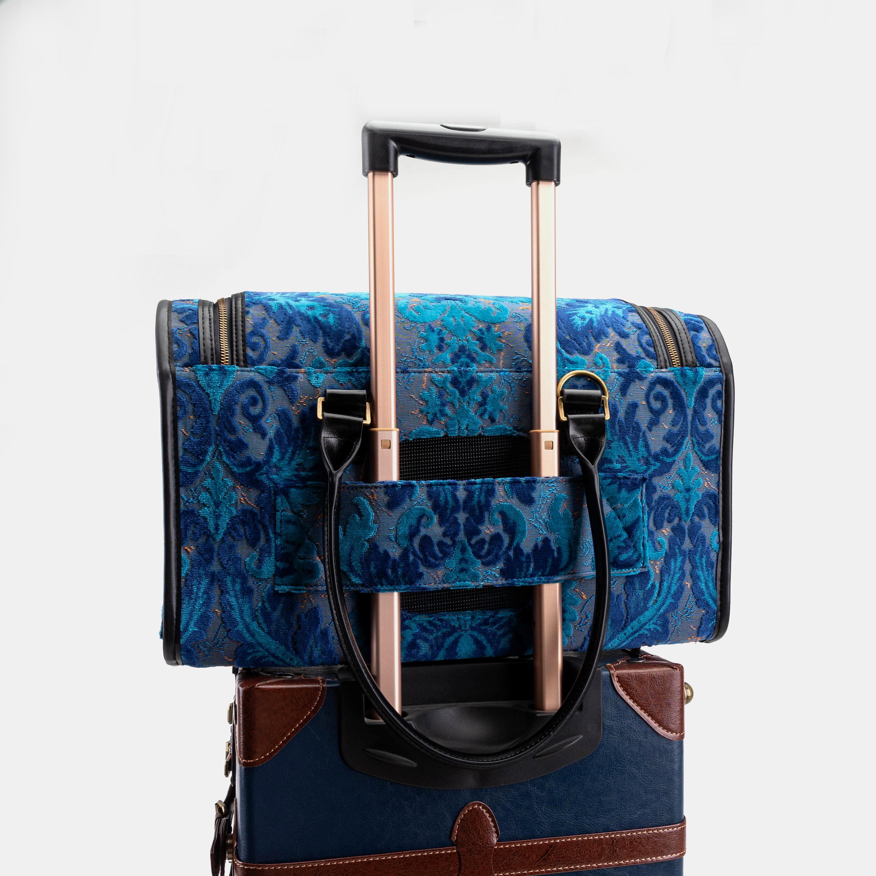 Travel Dog Carrier Burnout Velvet Revival Aqua  of America in use