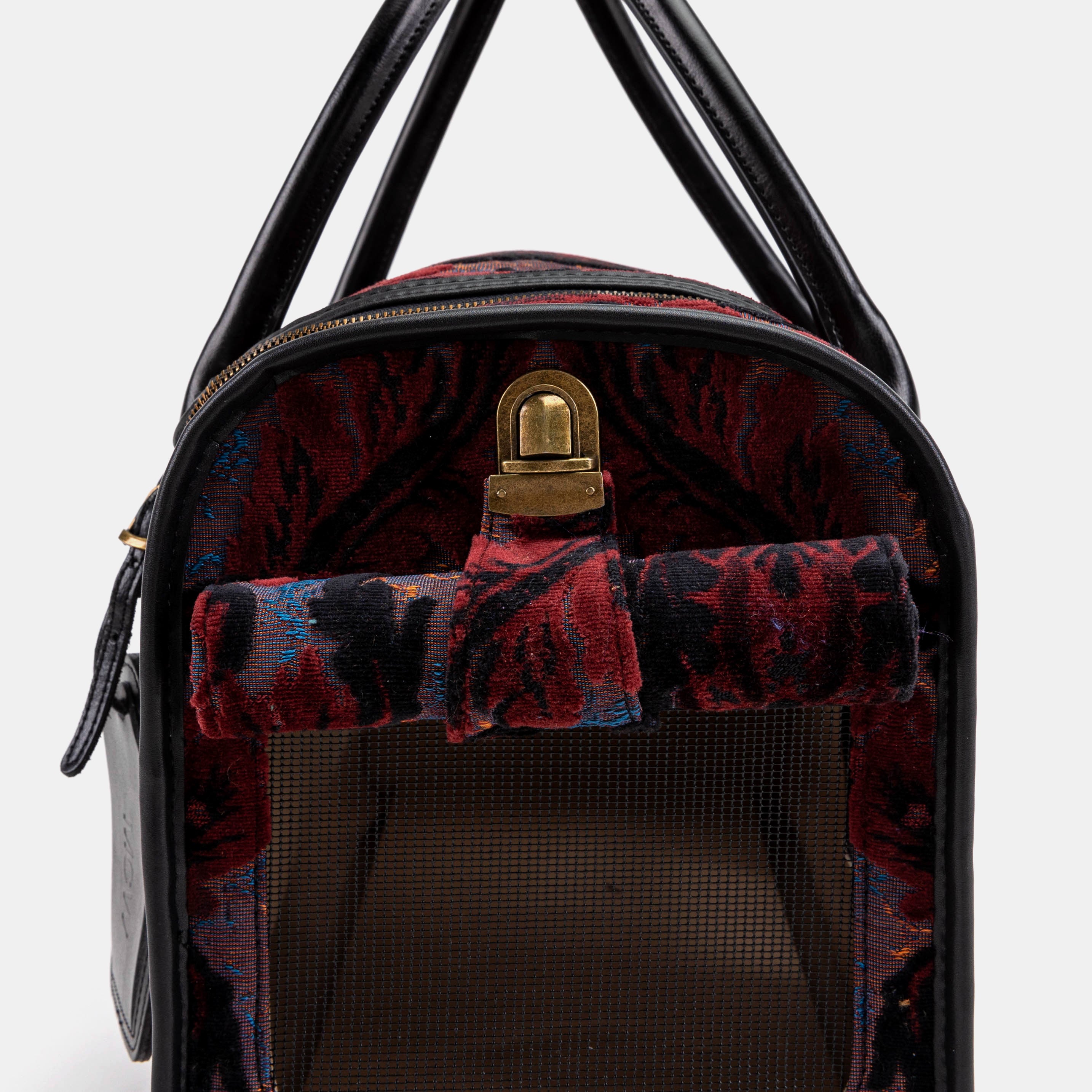 Travel Dog Carrier Burnout Velvet Revival Sephia  of America Tuck lock closure on side roll-up flap (Top)