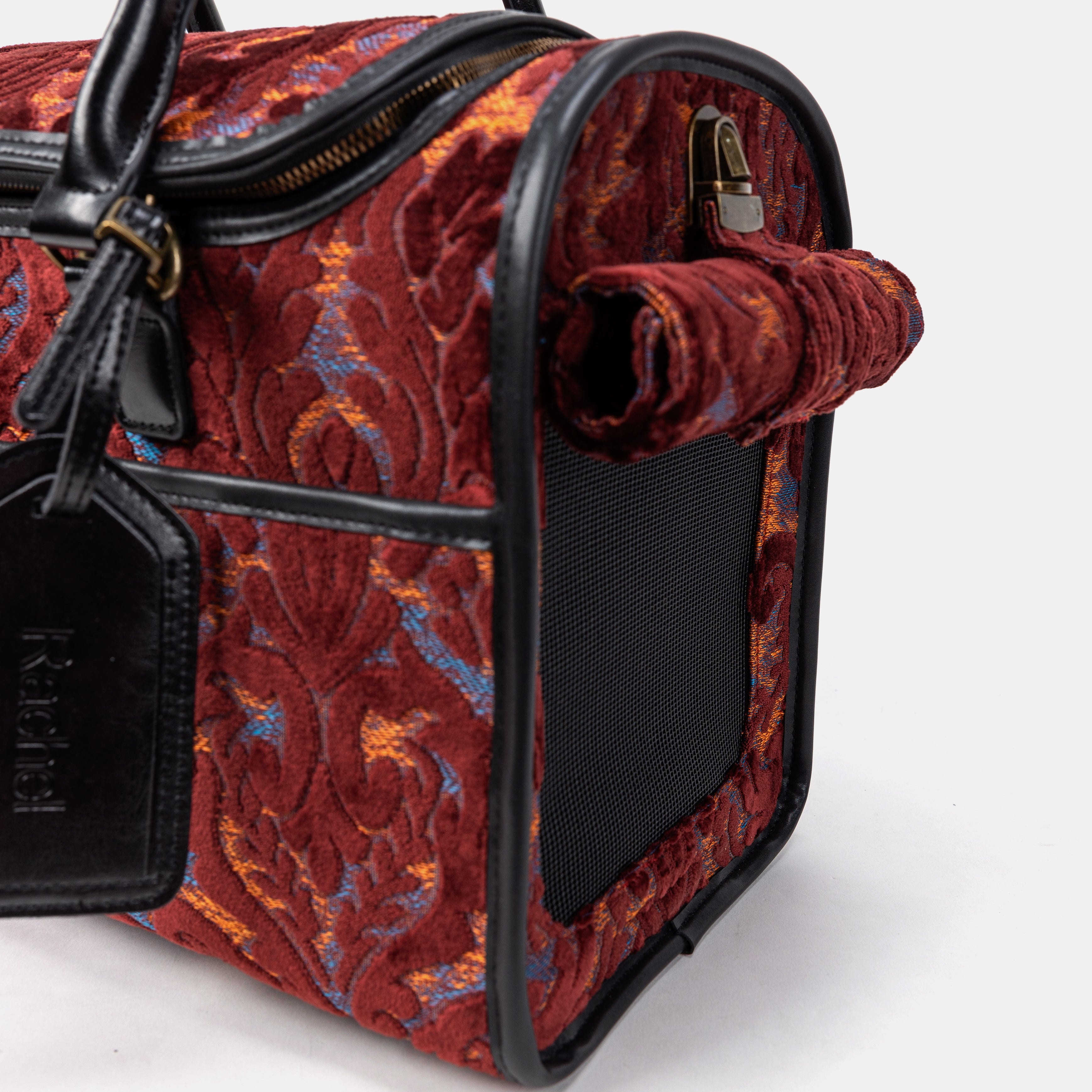 Travel Dog Carrier Bag Burnout Velvet Wine of America with Roll Up Flap