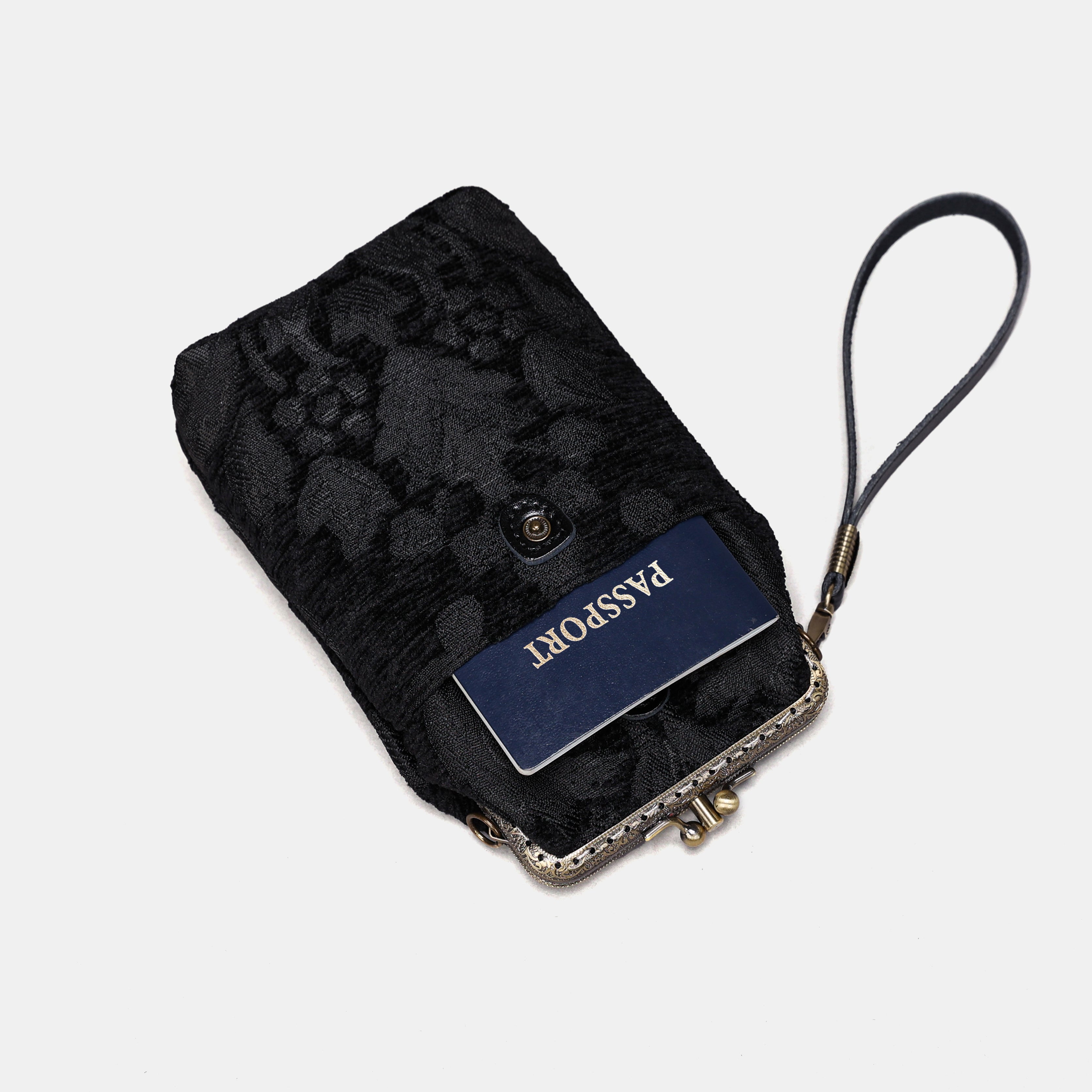 Victorian Blossom Black/Black Carpet Phone Case Carpetbag of America in use