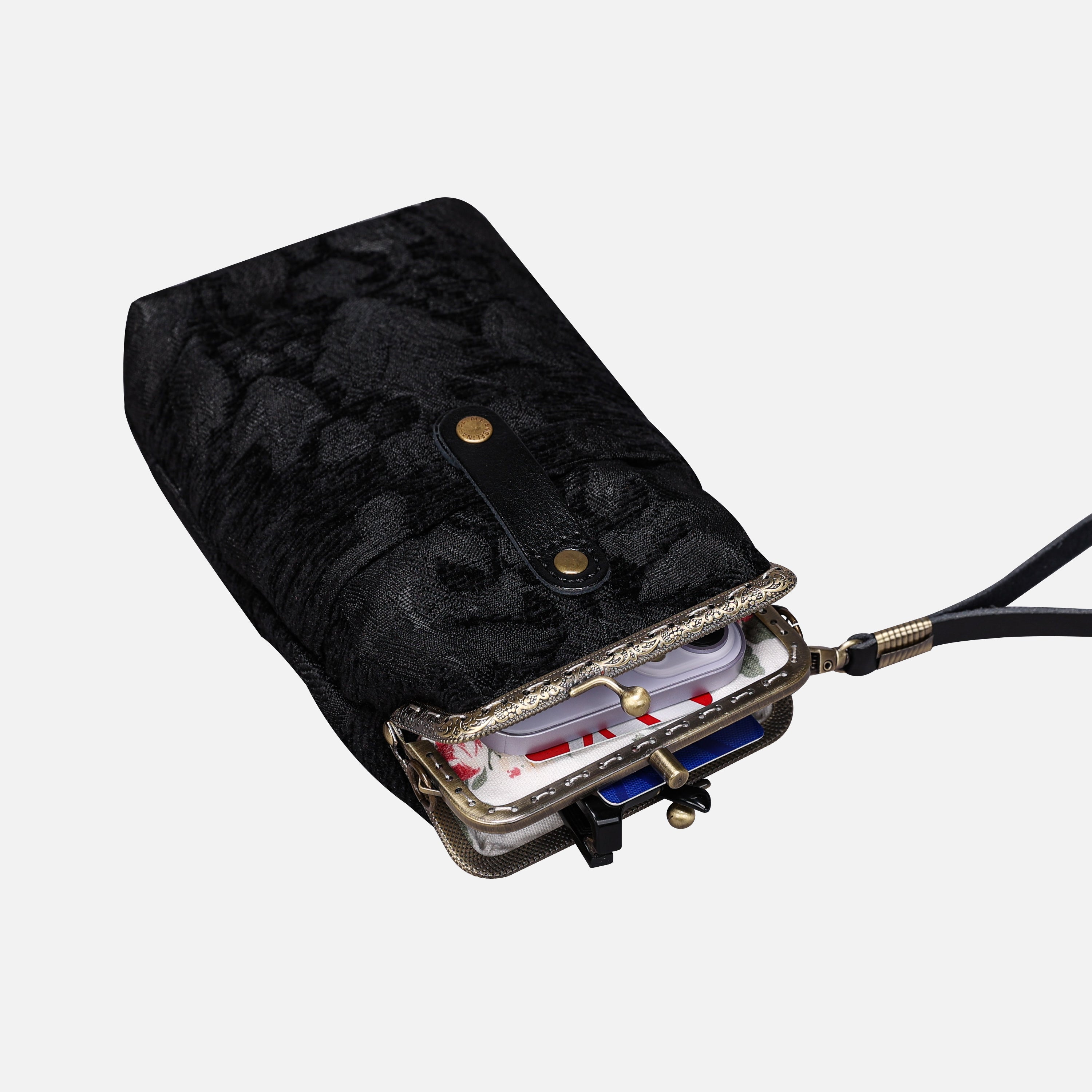 Victorian Blossom Black/Black Carpet Phone Case Carpetbag of America opening in use