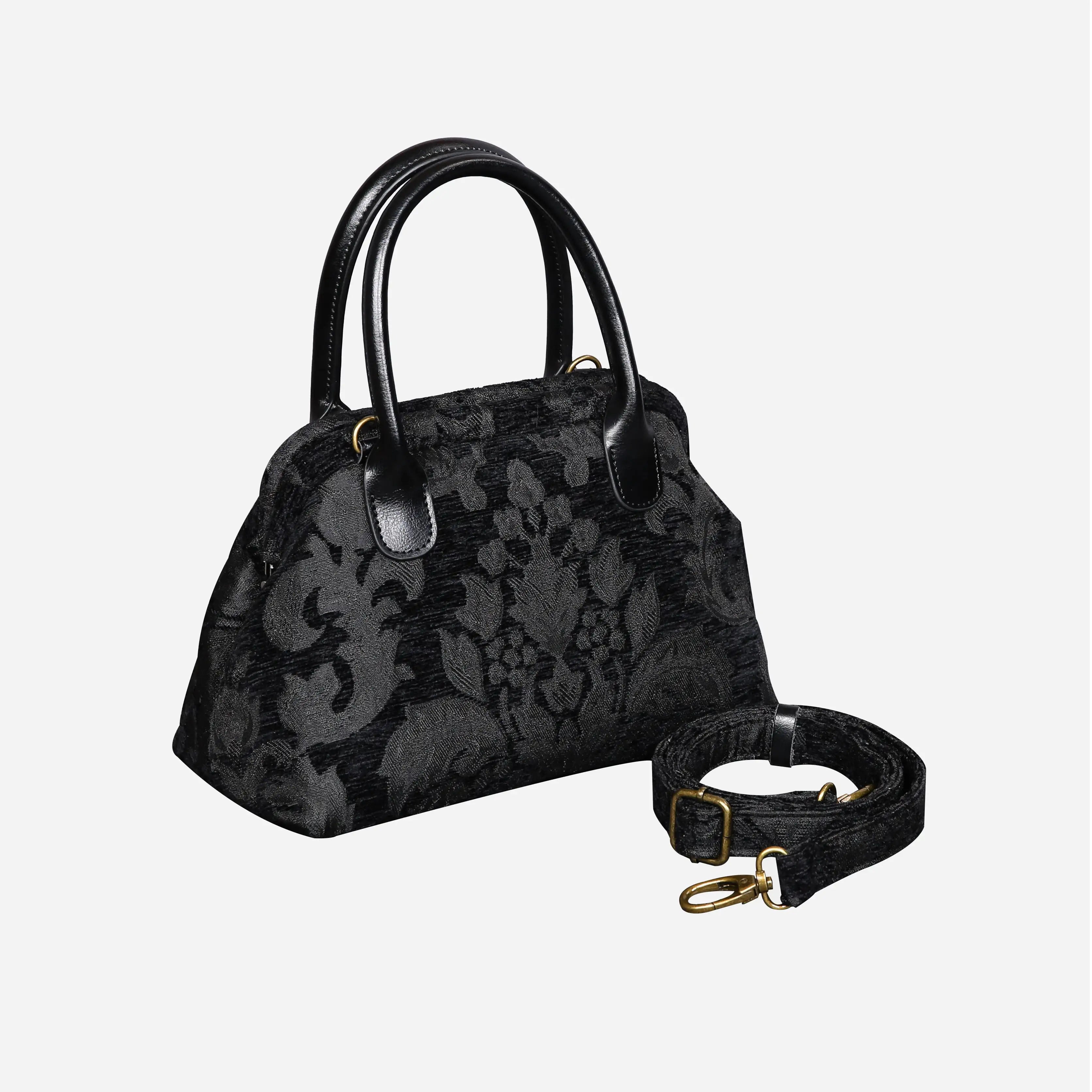 Victorian Blossom BLK/BLK Carpet Satchel carpet bag MCW Handmade front side