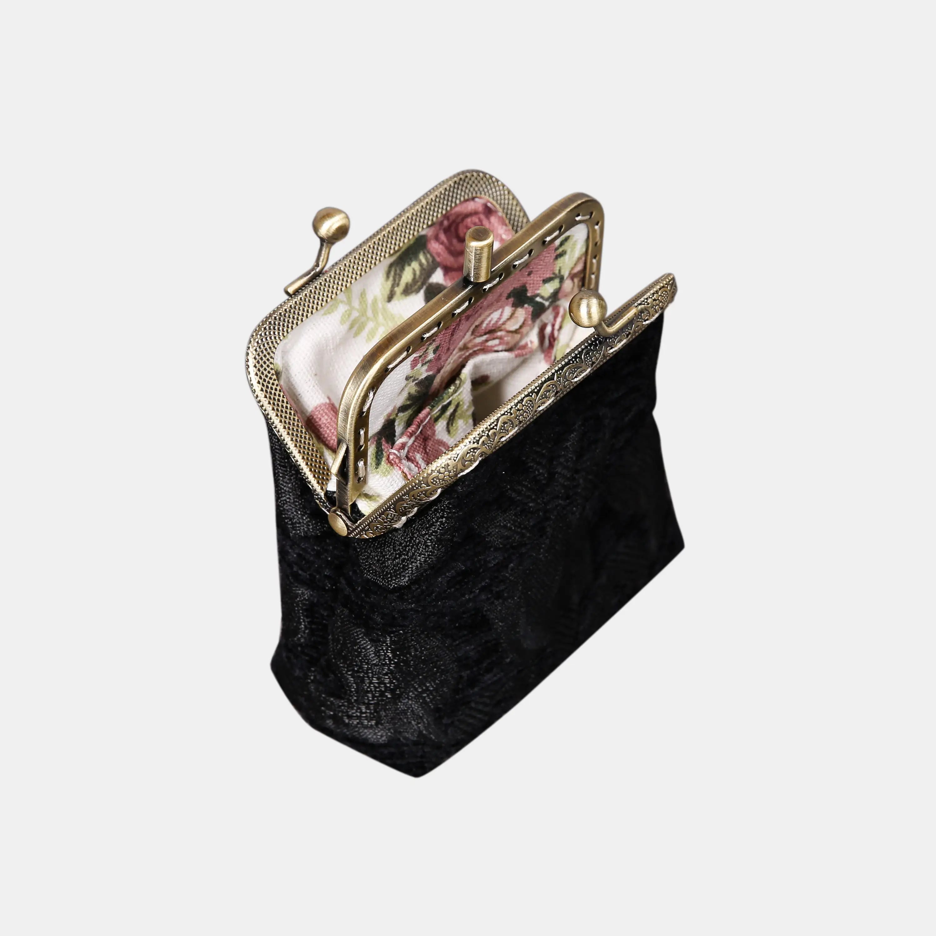 Victorian Blossom BLK/BLK Double Kiss Clasp Coin Purse of America opening-2