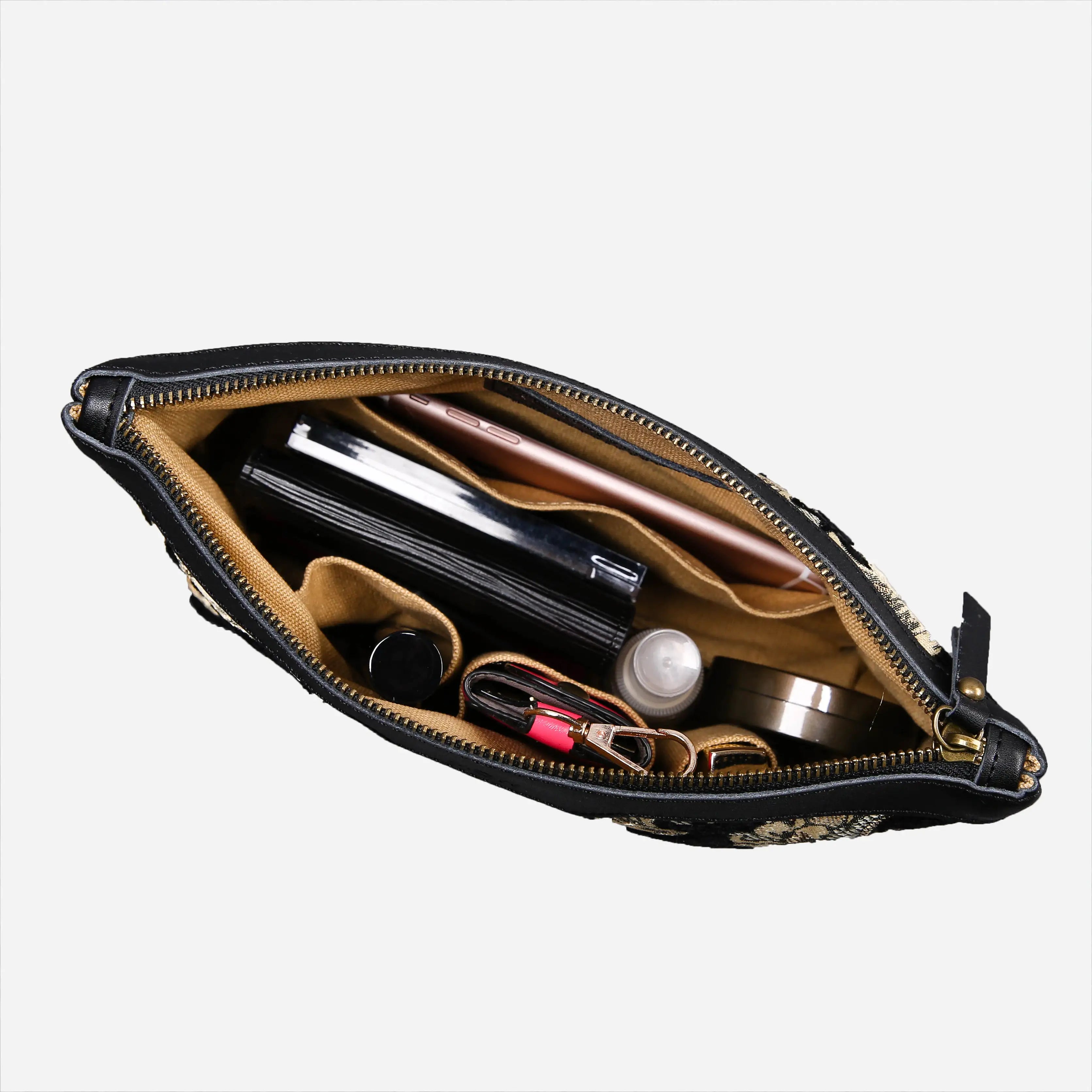 Vicotian Blossom Black Gold Carpet Makeup Bag Carpetbag of America in use