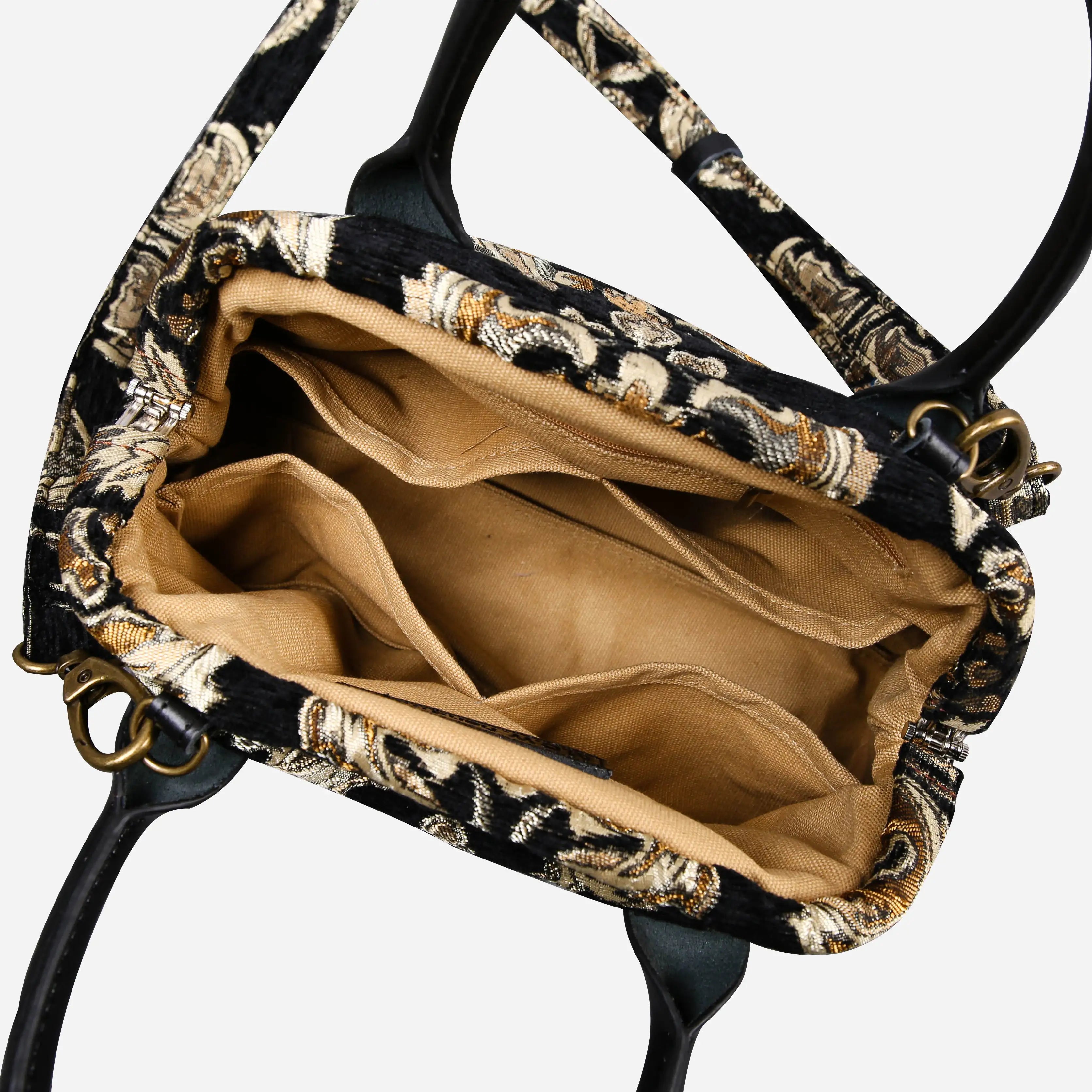 Victorian Blossom BLK-GOLD Carpet Satchel carpet bag MCW Handmade of America open