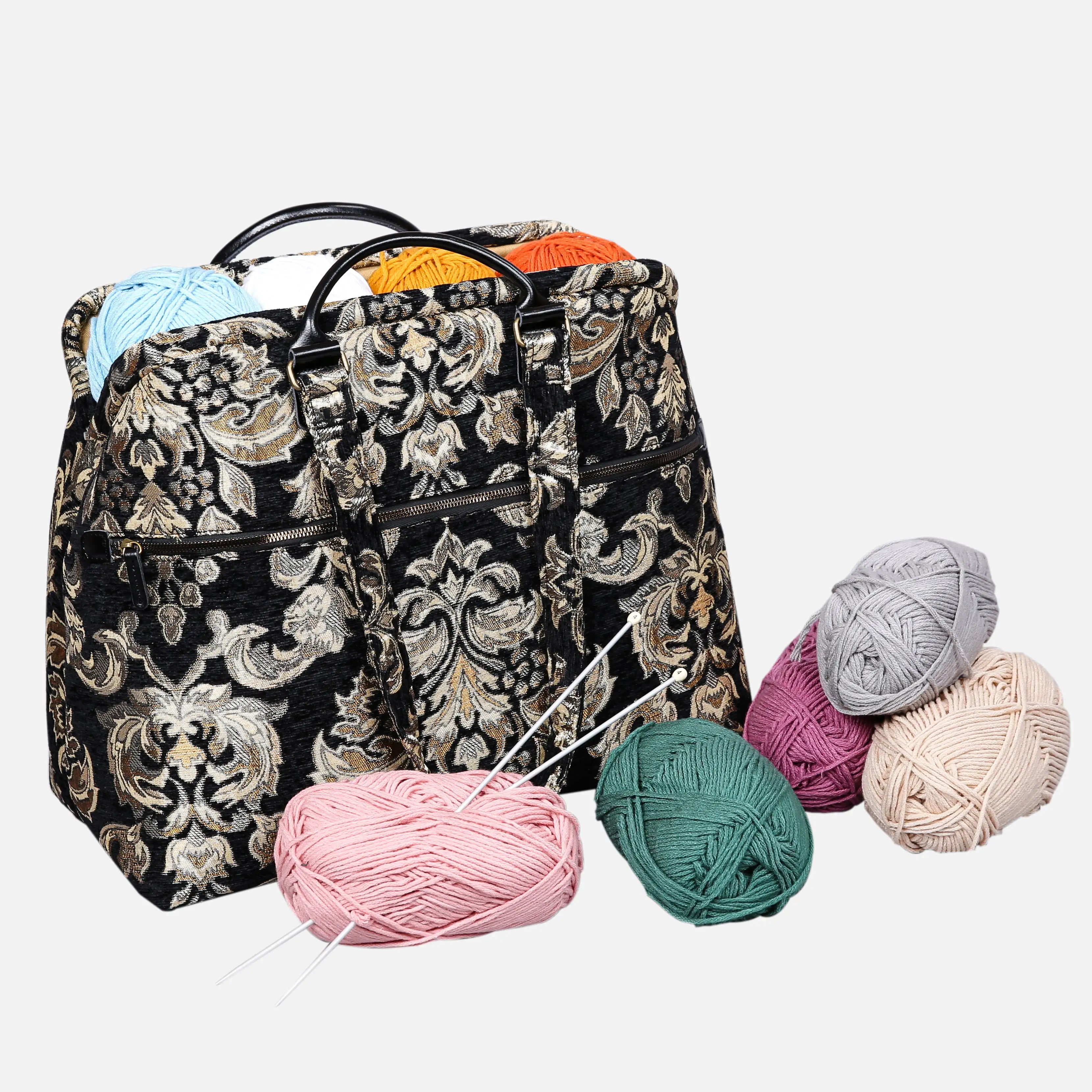 VB Blk-Gold Knitting Project Bag  of America-with yarn ball