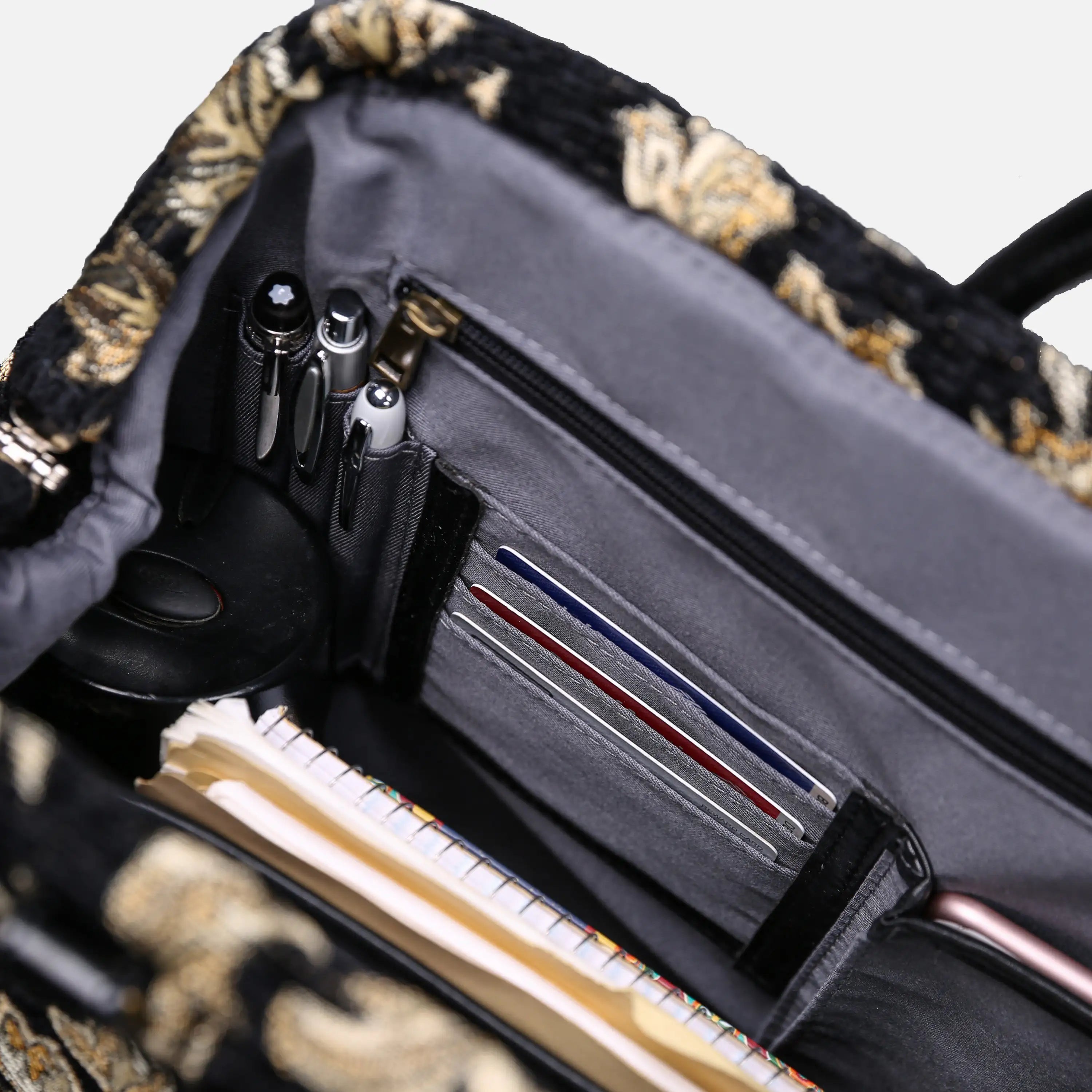 Victorian Blossom Black Gold Laptop Work Bag carpet bag of America inside details