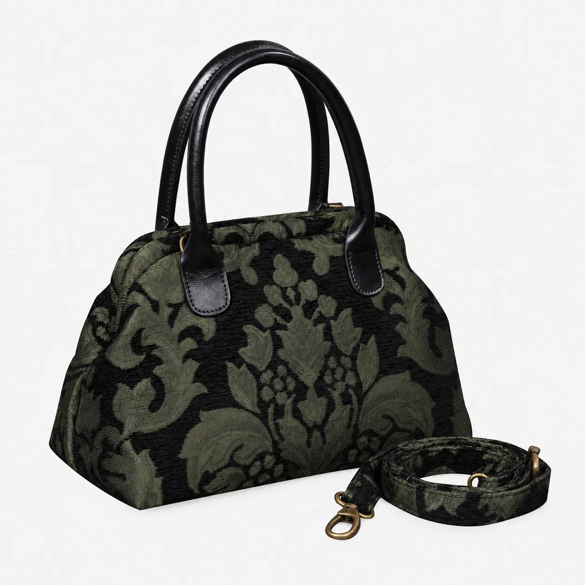 Victorian Blossom Black/Green Carpet Satchel carpet bag MCW Handmade of America with strap