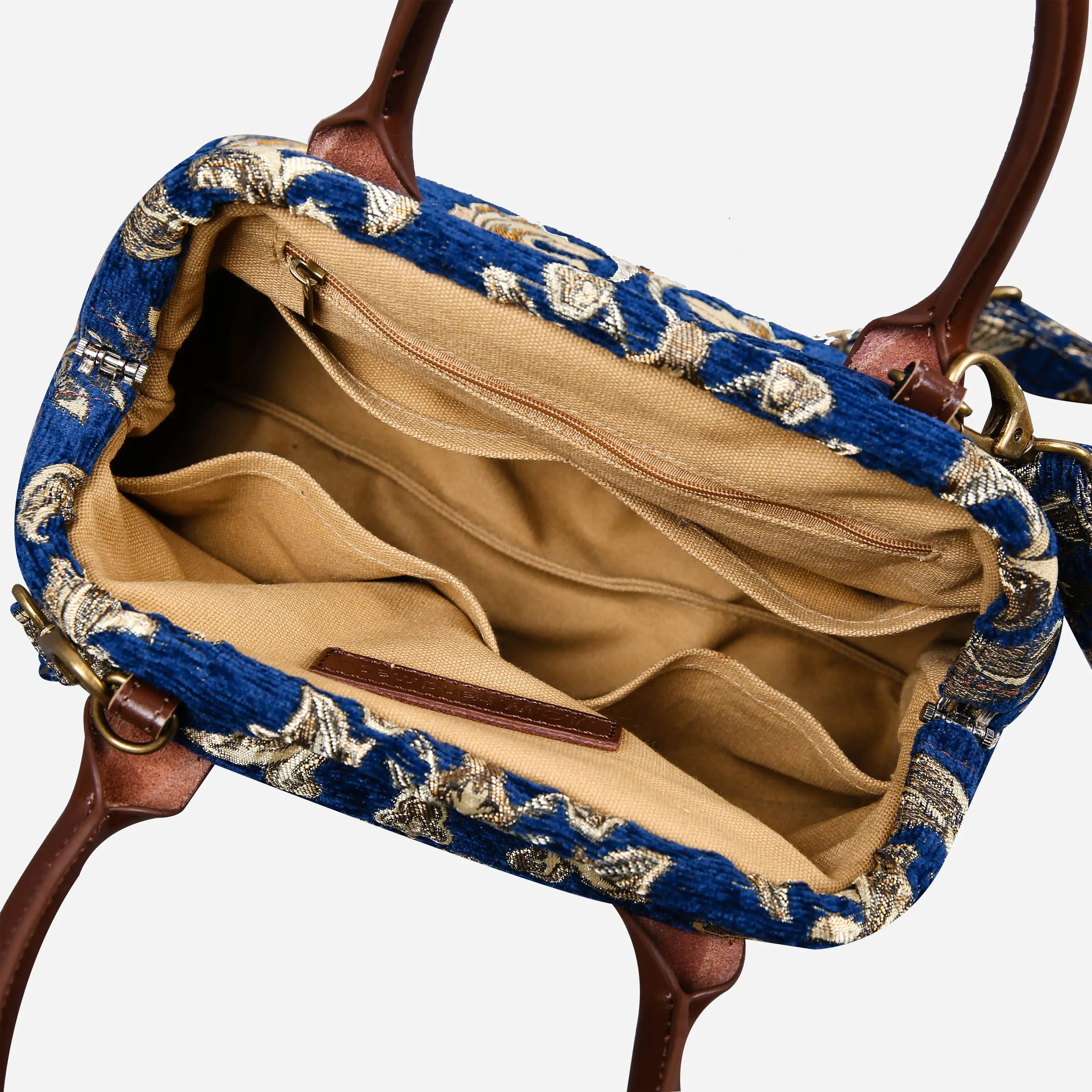 Victorian Blossom BLUE-GOLD Carpet Satchel carpet bag MCW Handmade of America open