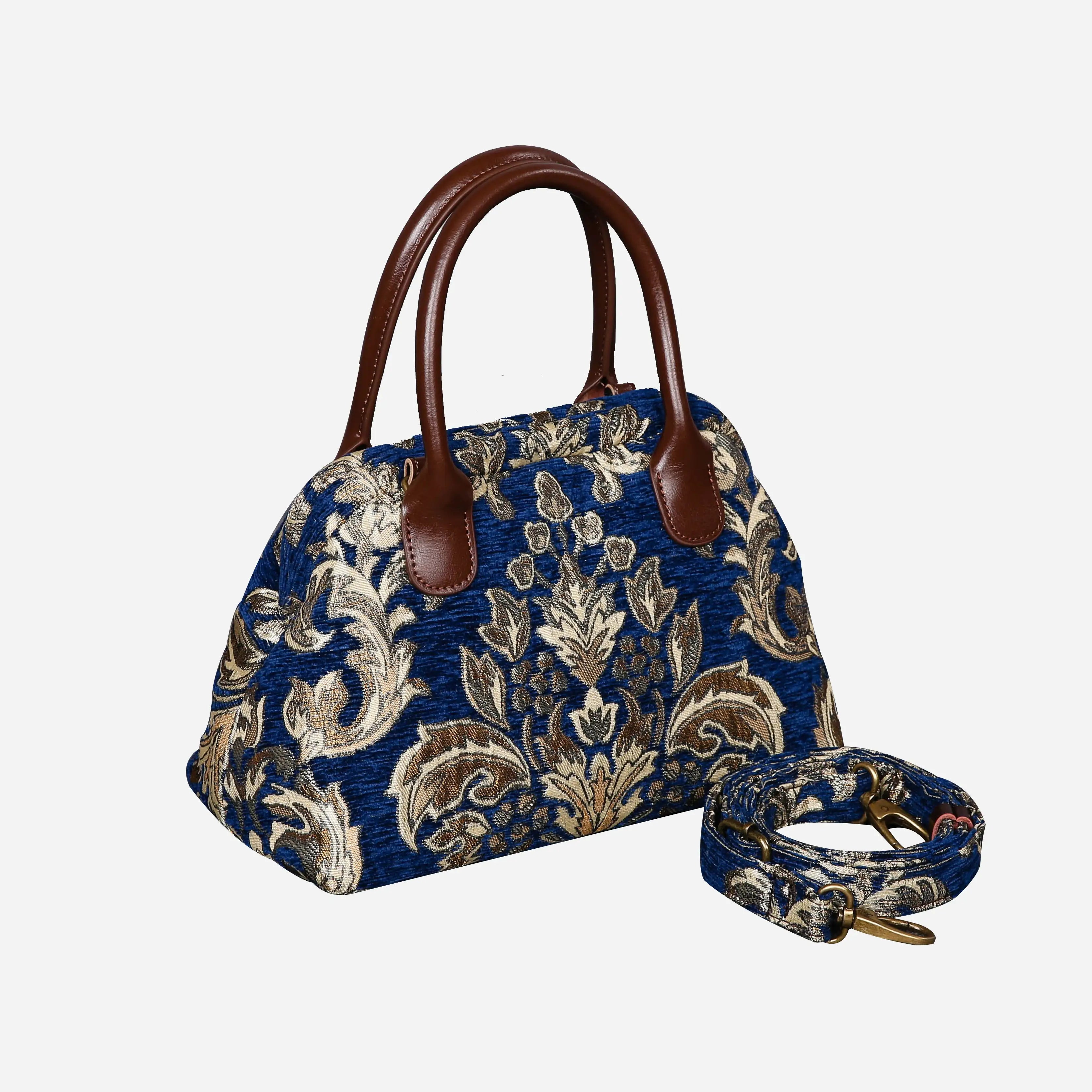Victorian Blossom BLUE-GOLD Carpet Satchel carpet bag MCW Handmade of America with strap