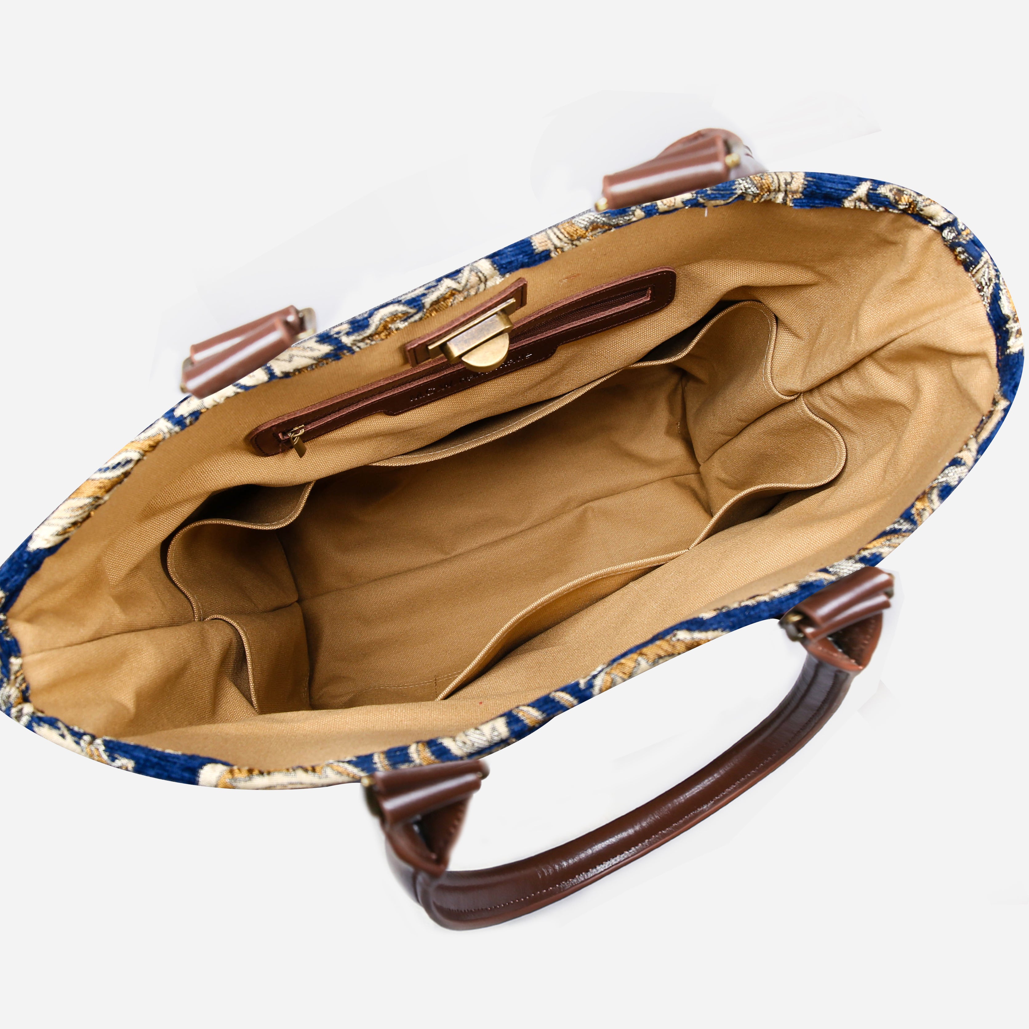 Victorian Blossom Blue gold Carpet Tote Shopper Carpetbag of America inside