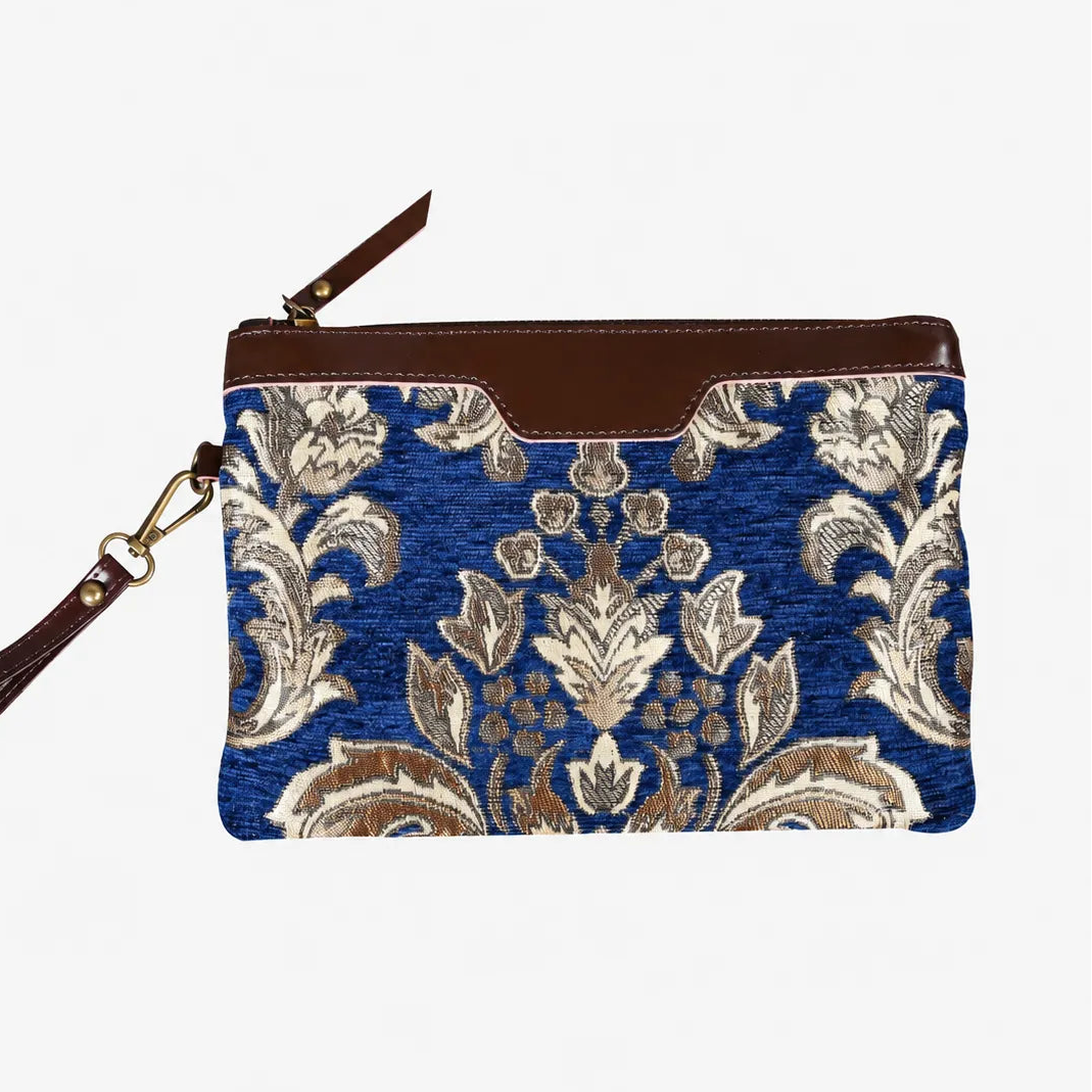 Victorian Blossom BLUE-GOLD Wristlet Clutch carpet bag MCW Handmade main