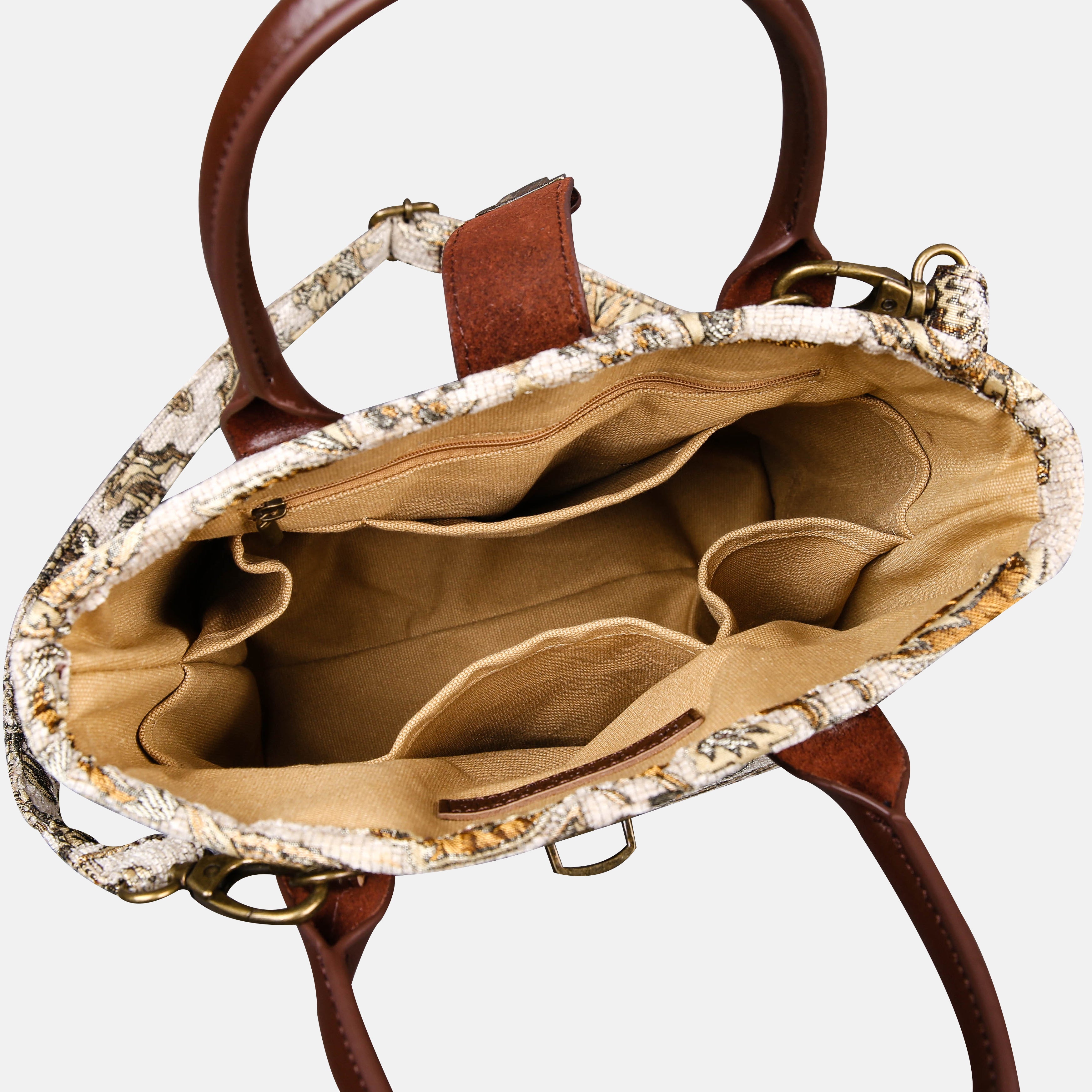 Victorian Blossom Cream-Gold Tuck Lock Carpet Satchel carpet bag MCW Handmade of America inside