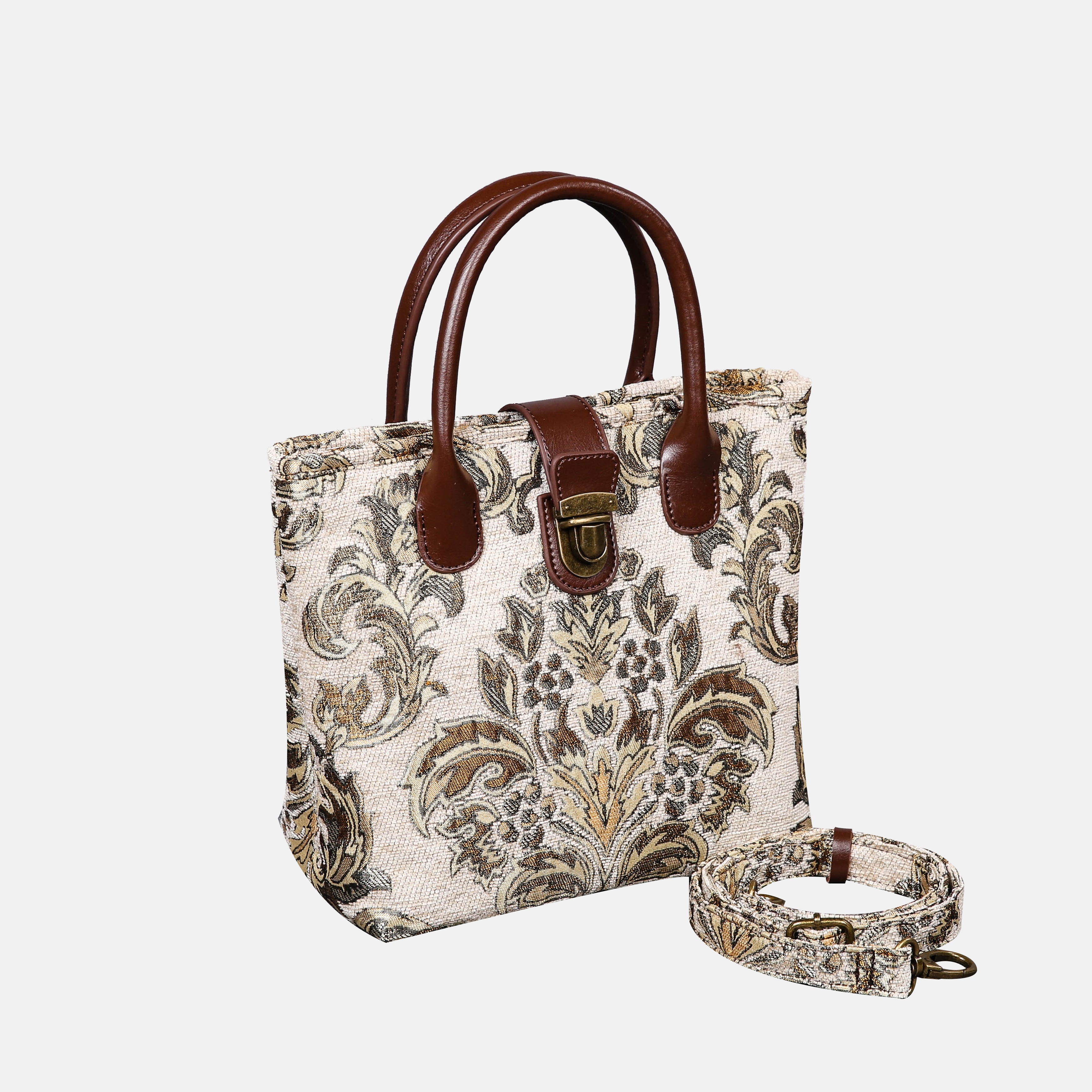 Victorian Blossom Cream-Gold Tuck Lock Carpet Satchel carpet bag MCW Handmade of America with strap