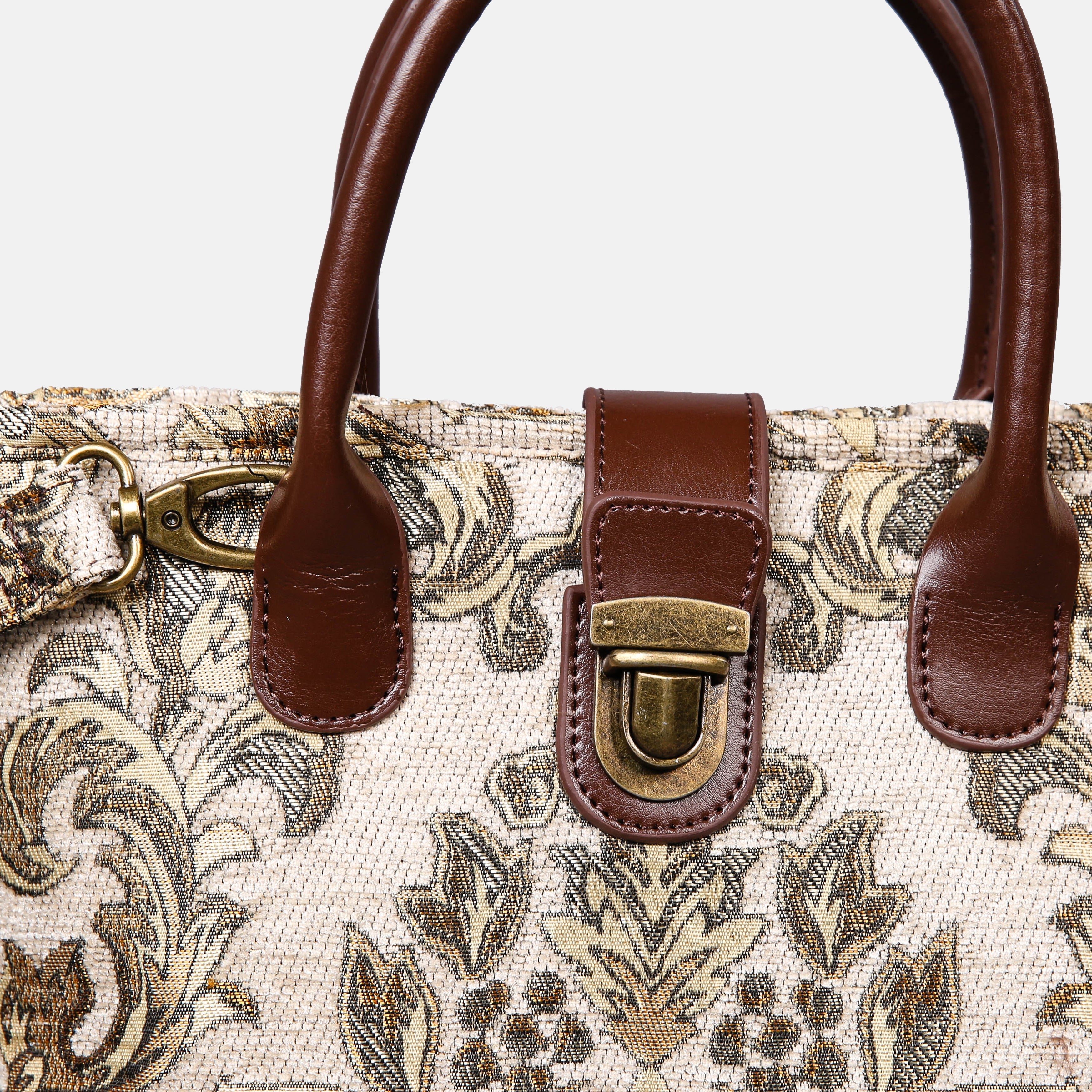 Victorian Blossom Cream-Gold Tuck Lock Carpet Satchel carpet bag MCW Handmade of America details