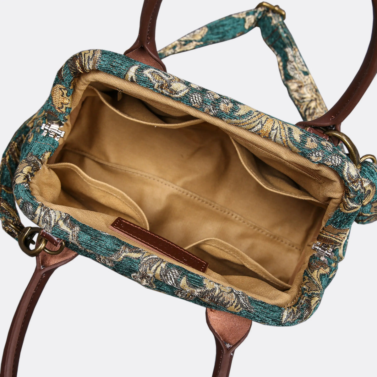Victorian Blossom Green/Gold Carpet Satchel carpet bag MCW Handmade of America open