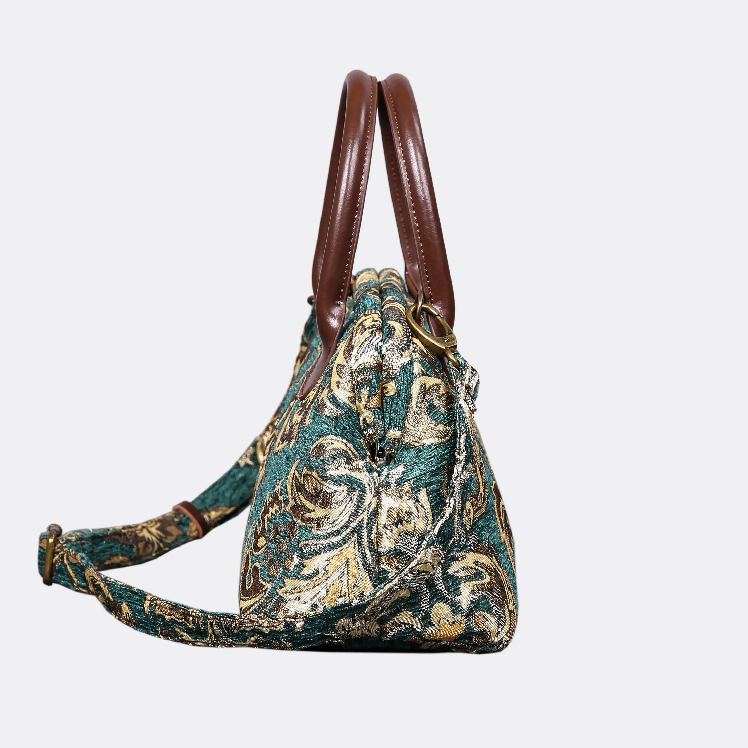 Victorian Blossom Green/Gold Carpet Satchel carpet bag MCW Handmade of America side
