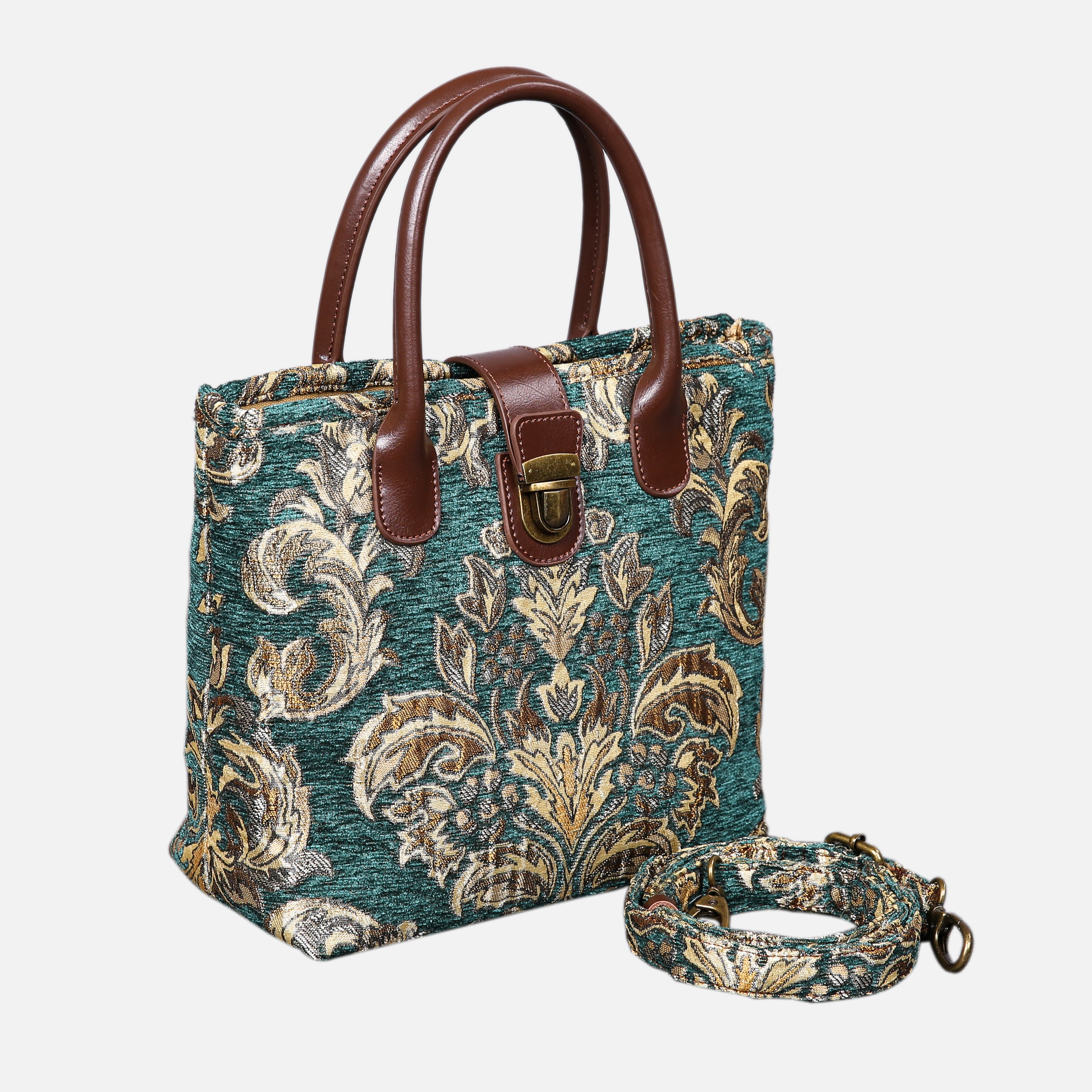 Blossom Green/Gold Tuck Lock Carpet Satchel carpet bag MCW Handmade of America with strap