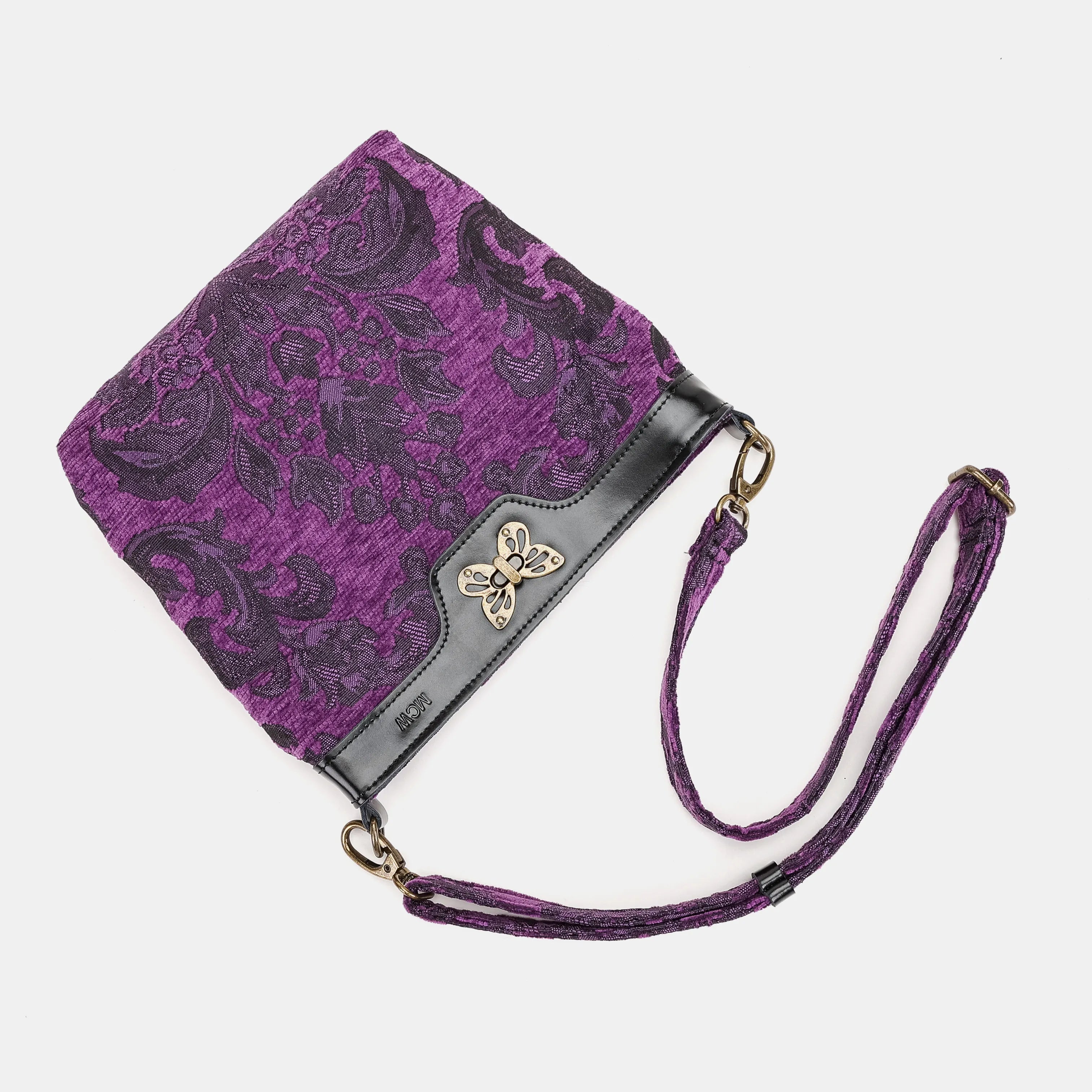 Victorian Blossom Purple Butterfly Crossbody Bag Carpet bag of America-lay flat