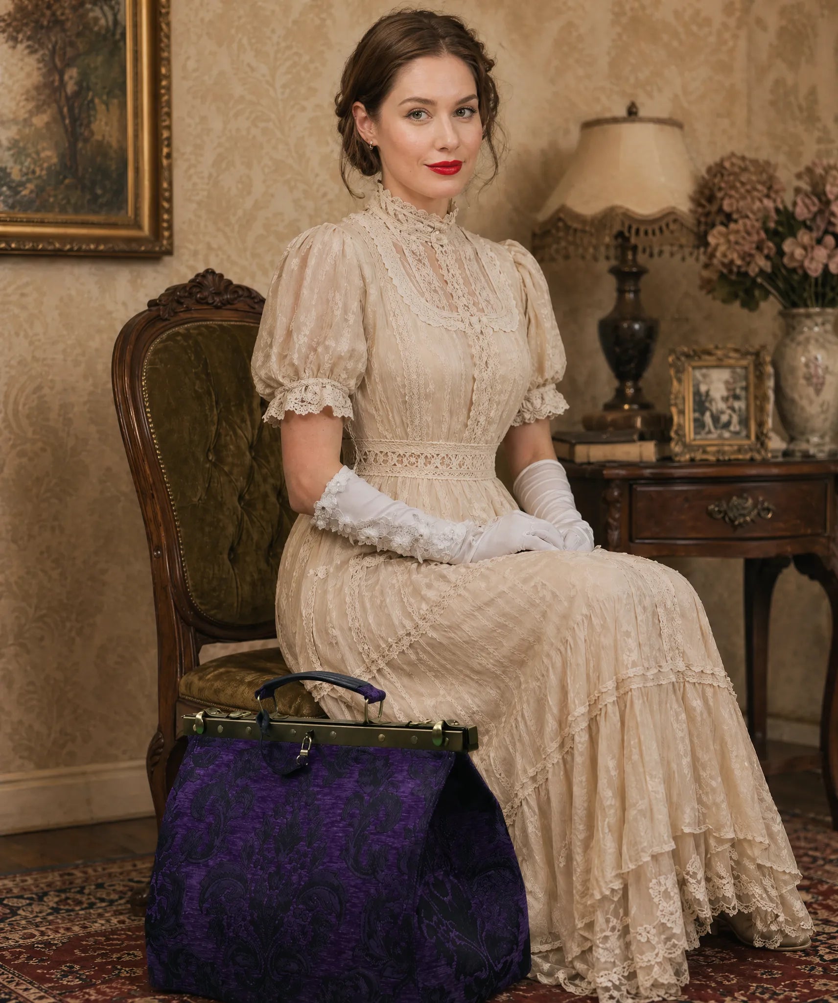 Victorian Blossom Purple Celine Carpet Gladstone Bag of America and model