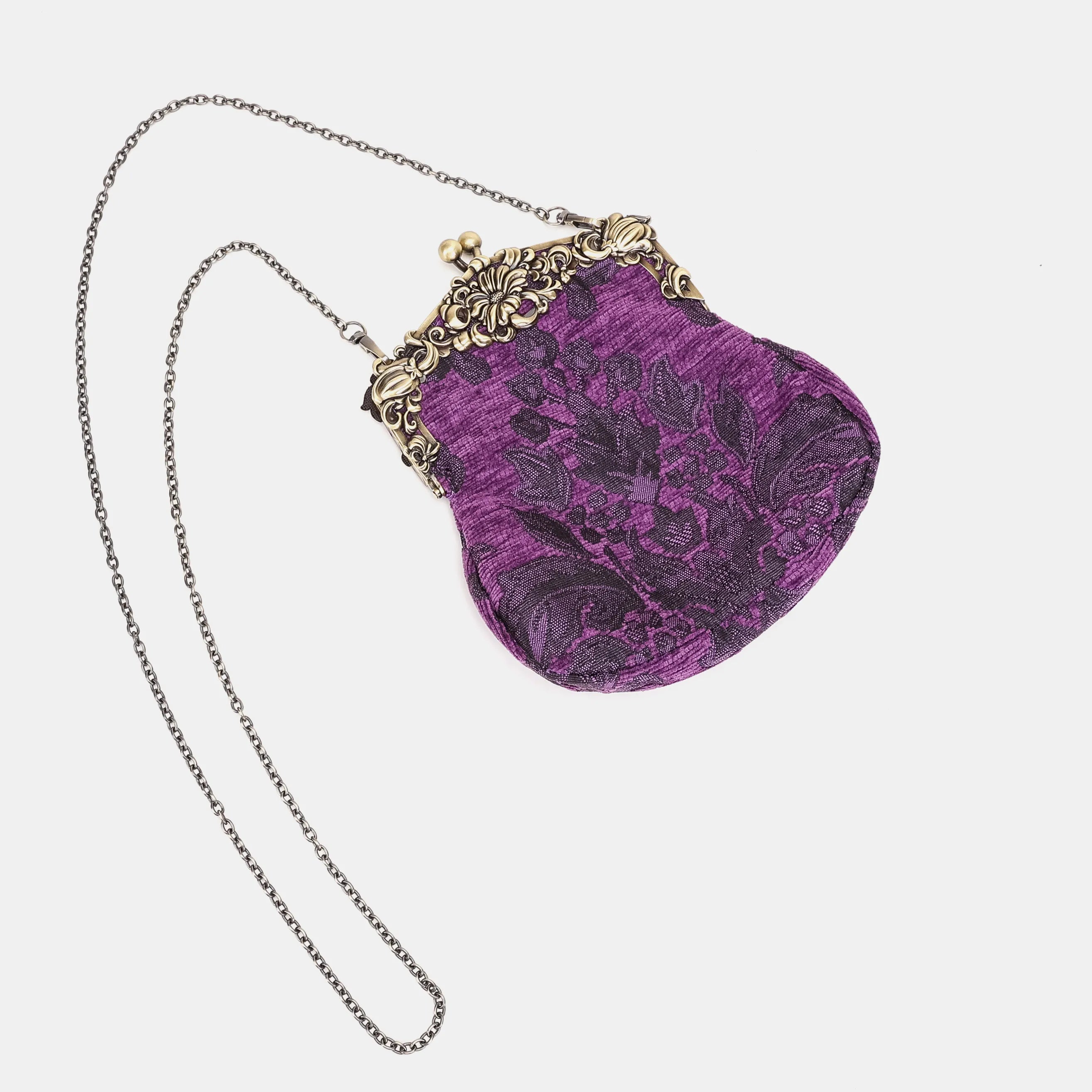 Victorian Blossom Purple Chatelaine Purse Large Carpetbag of America-with chain