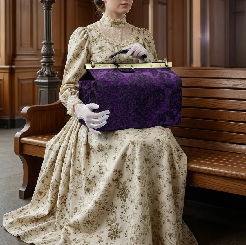 Victorian Blossom Purple Genevieve Carpet Gladstone Bag of America and model