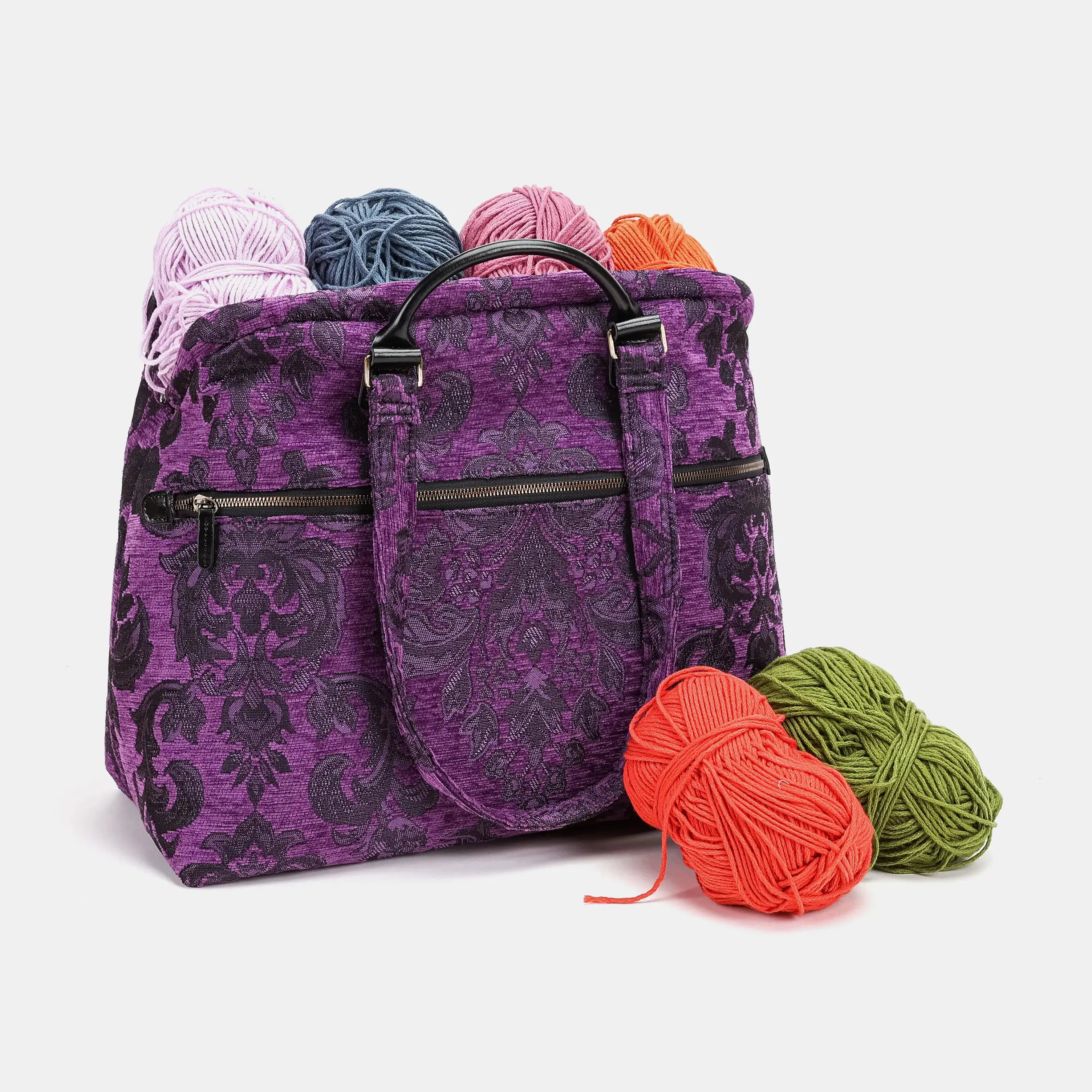 Victorian Blossom Purple Knitting Project Bag of America-with yarn ball