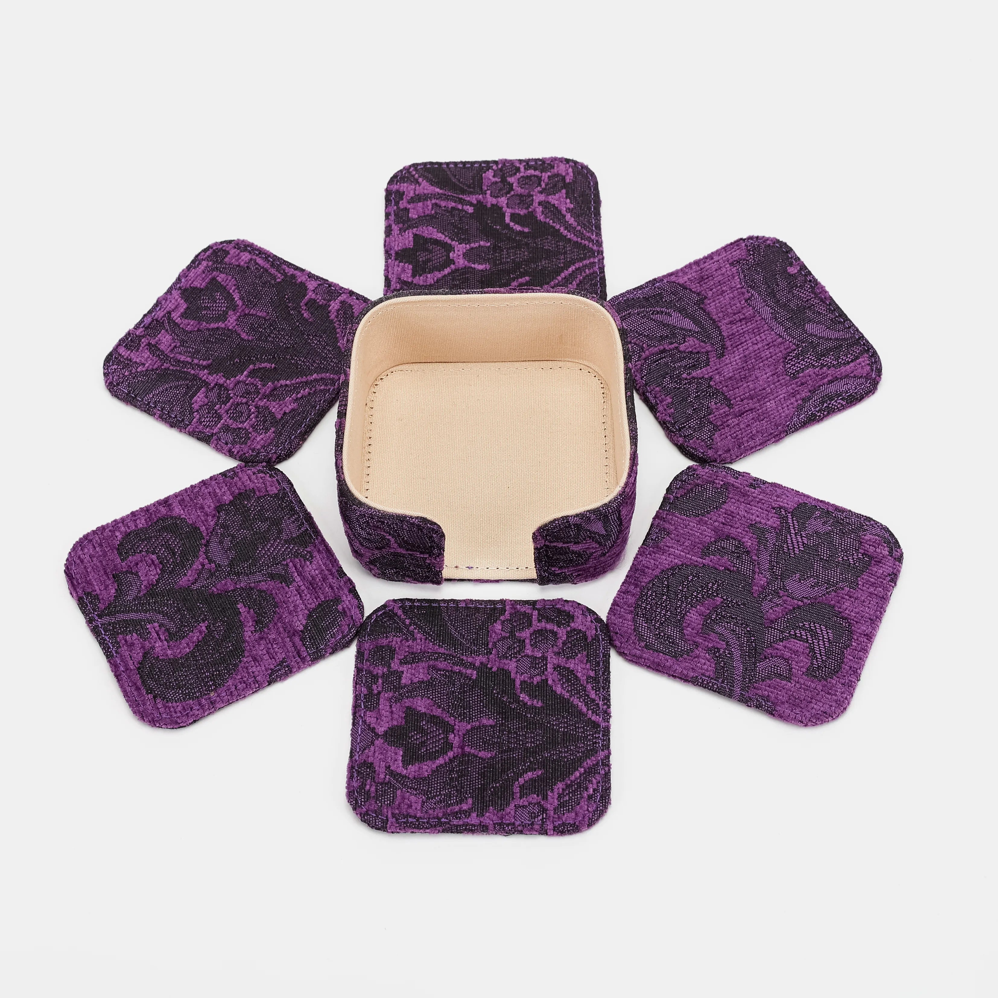 Victorian Blossom Purple Square Coaster Set with Holder of America-6 pcs with holder