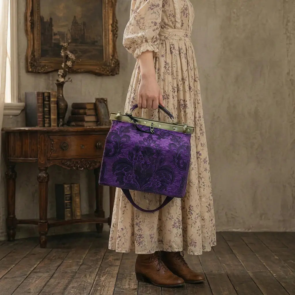 Woman in a floral dress holding a victorian blossom purple vivienne purse carpet gladstone bag in an elegant room with wooden furniture and a painting.