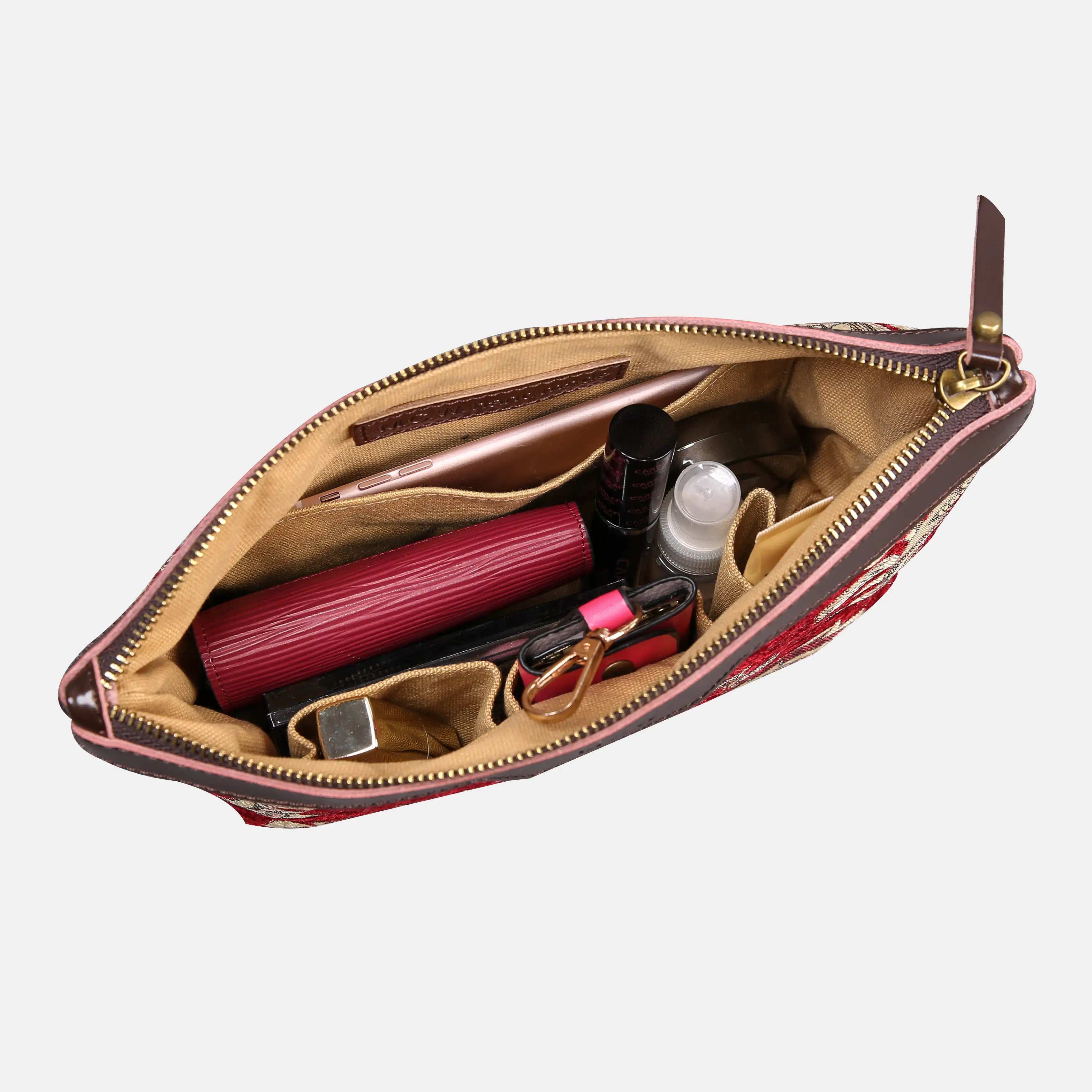 Blossom Red/Gold Carpet Makeup Bag carpet bag MCW Handmade of America in use