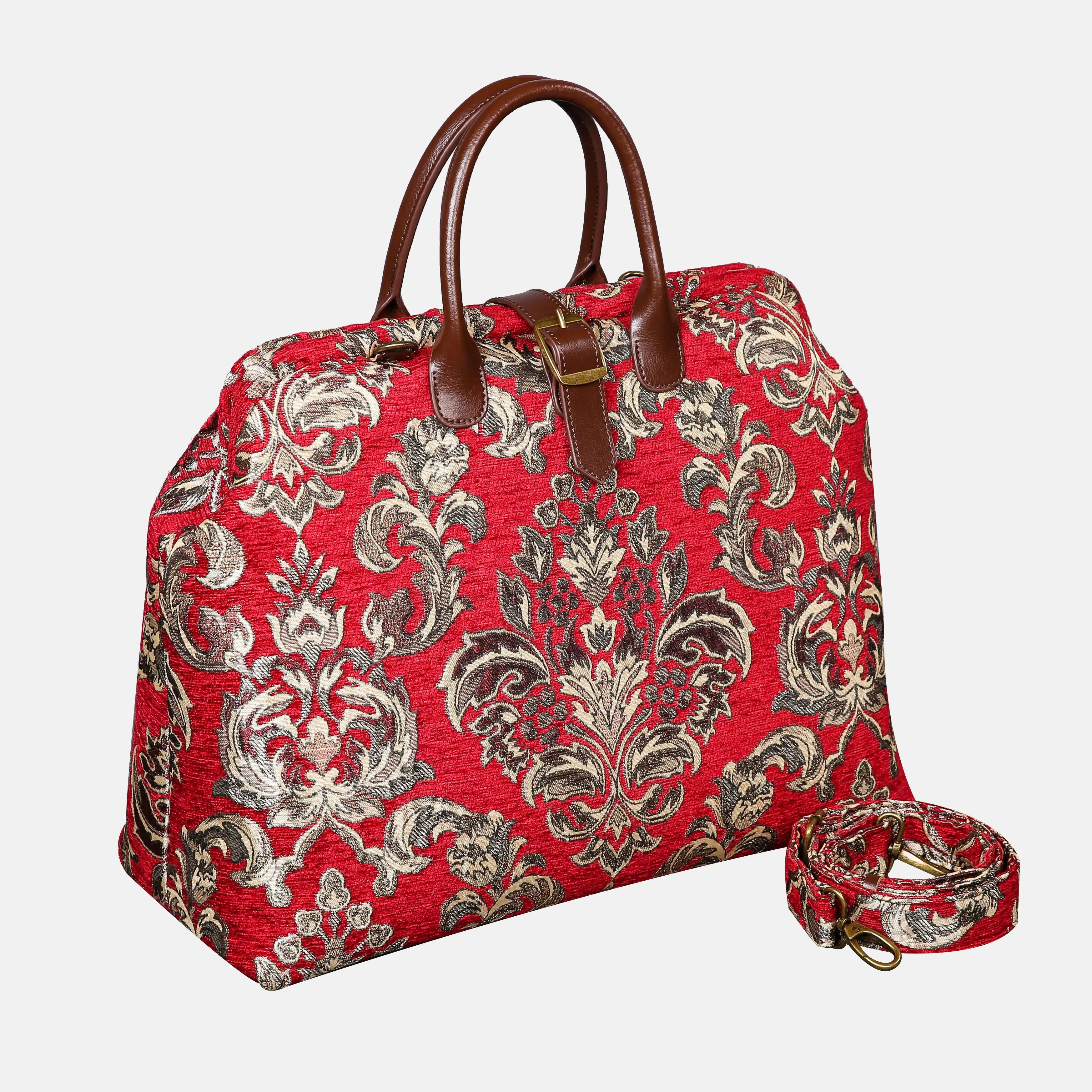 Victorian Blossom Red Mary Poppins Weekender Carpetbag with shoulder strap