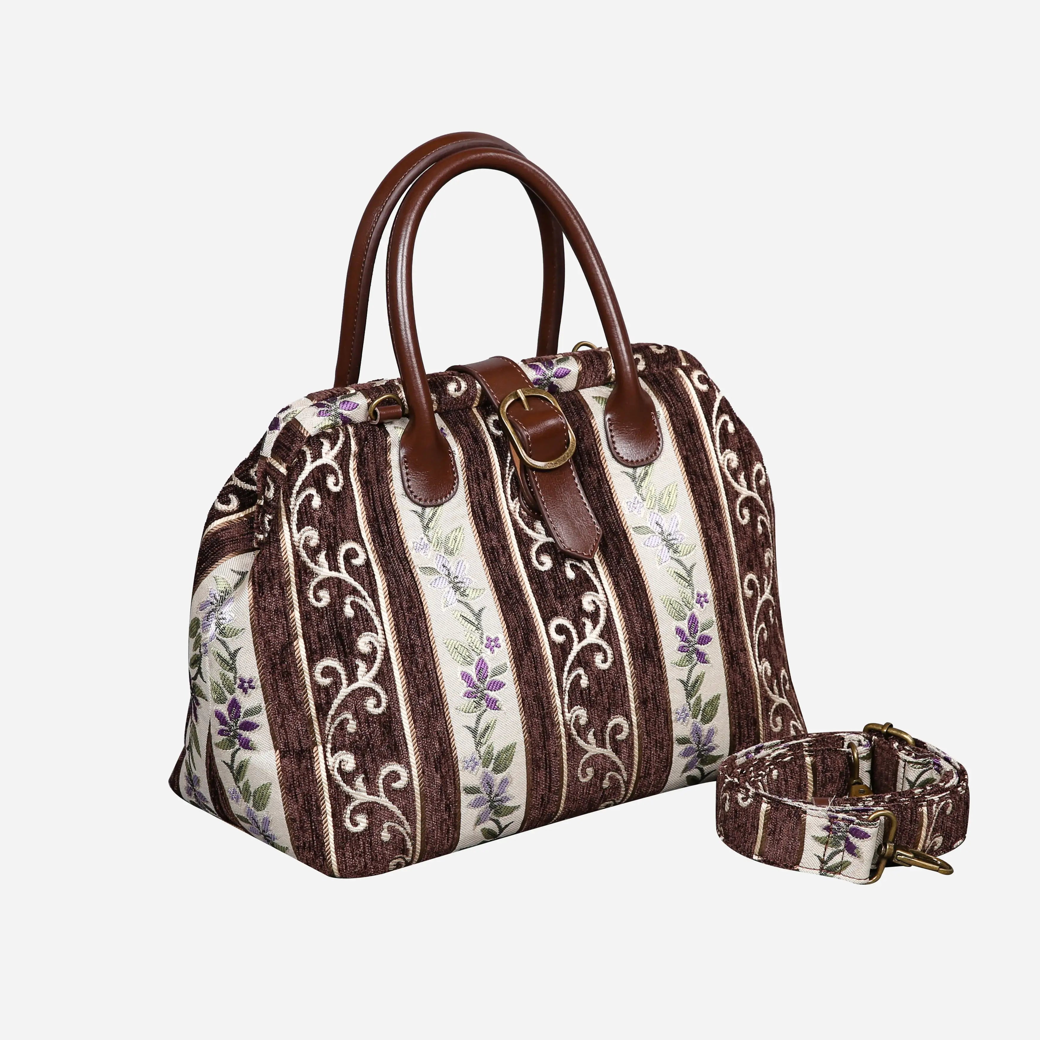 Victorian Strips Coffee Carpet Handbag Purse carpet bag MCW Handmade of America with shoulder strap