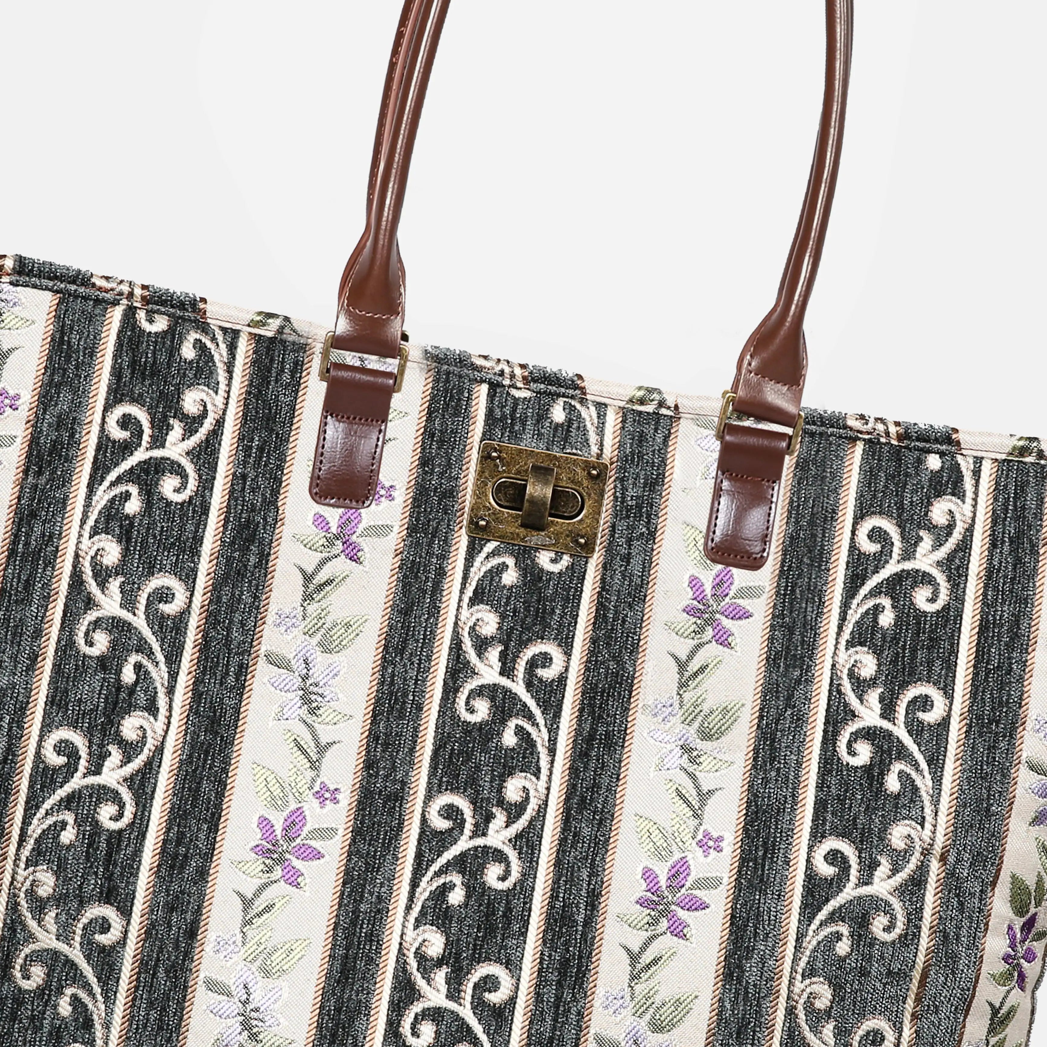 Victorian Stripes Grass Carpet Tote Shopper Carpetbag of America closure