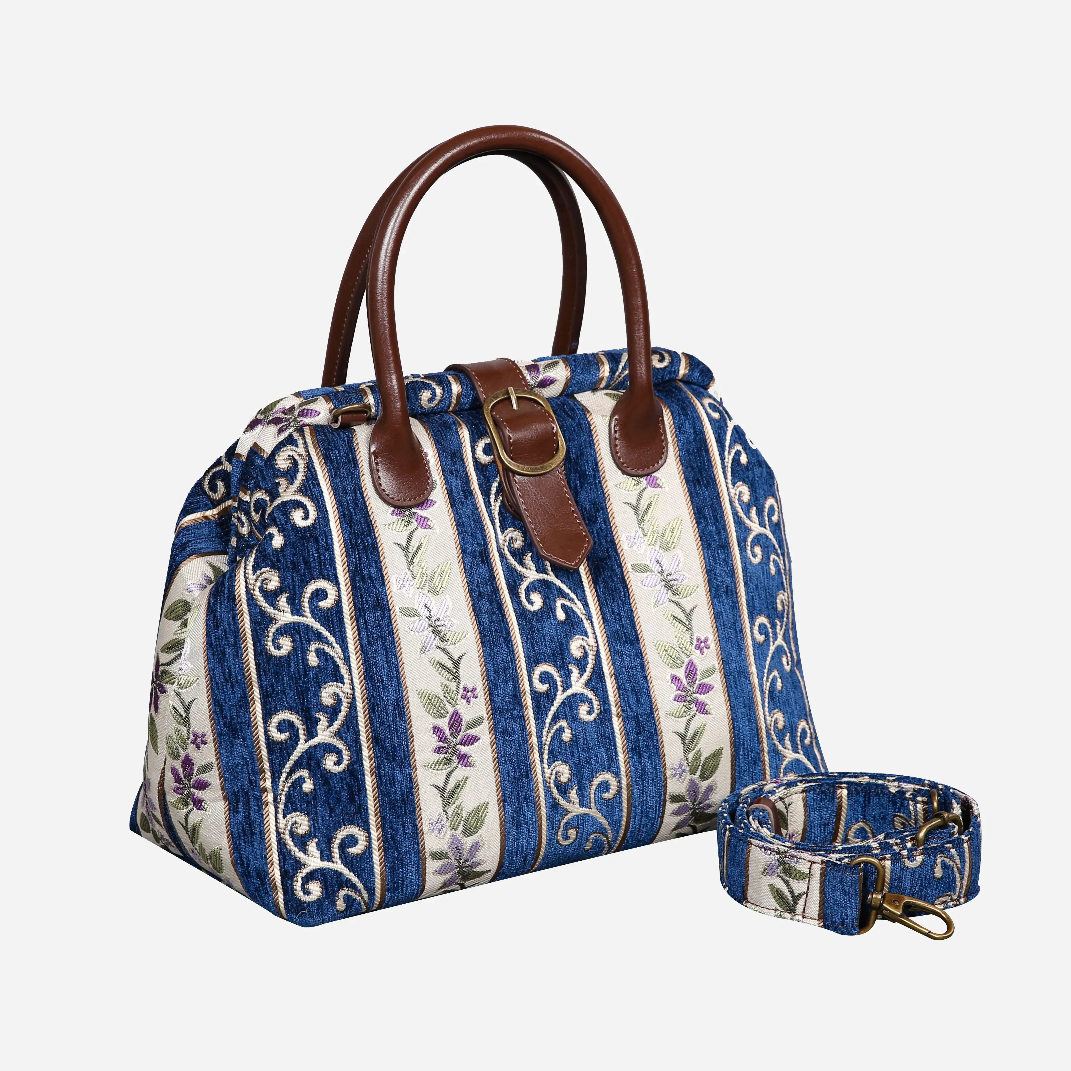 Victorian Strips Navy Carpet Handbag Purse carpet bag MCW Handmade of America with shoulder strap