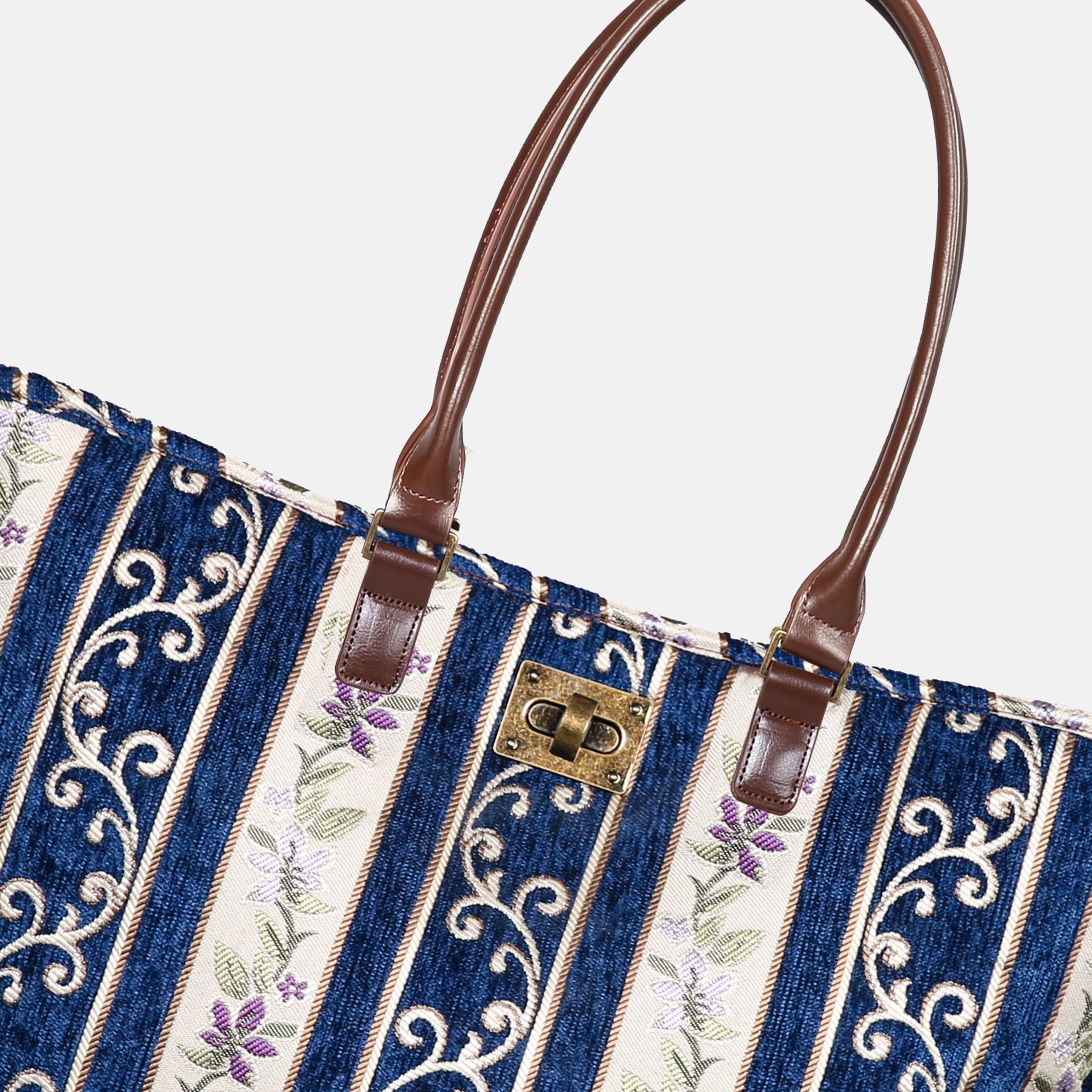 Victorian Stripes Navy Carpet Tote Shopper closure