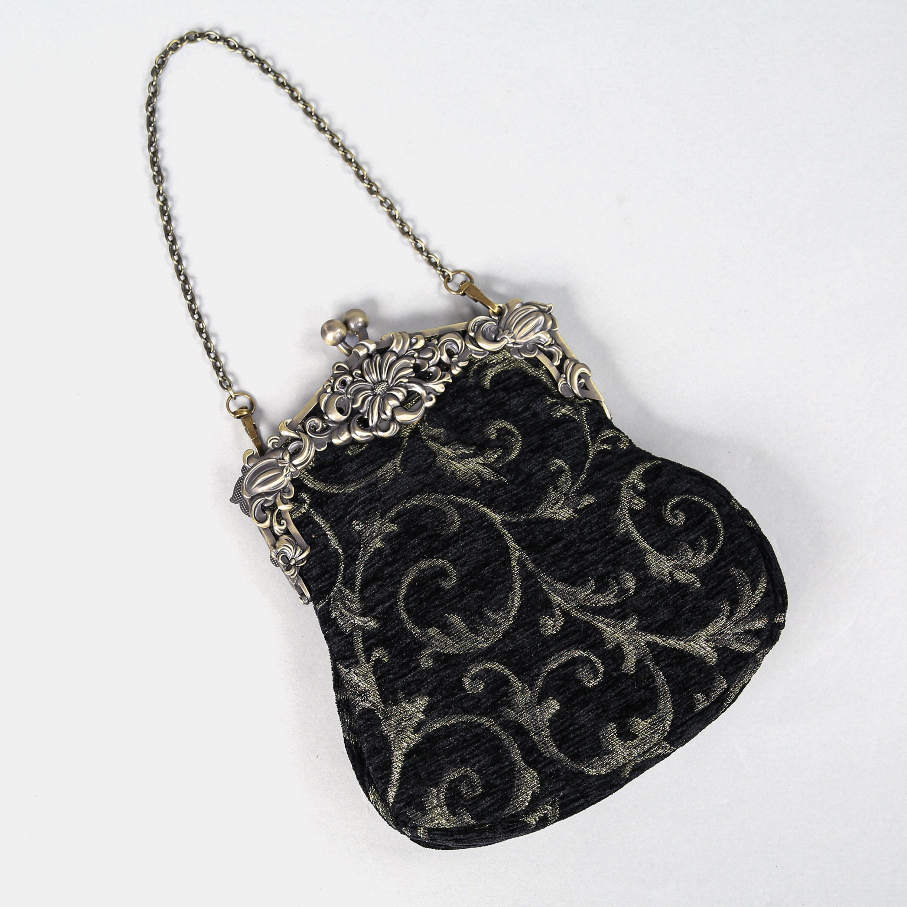 Vintage Scroll Black Chatelaine Purse Large carpet bag of America lay flat