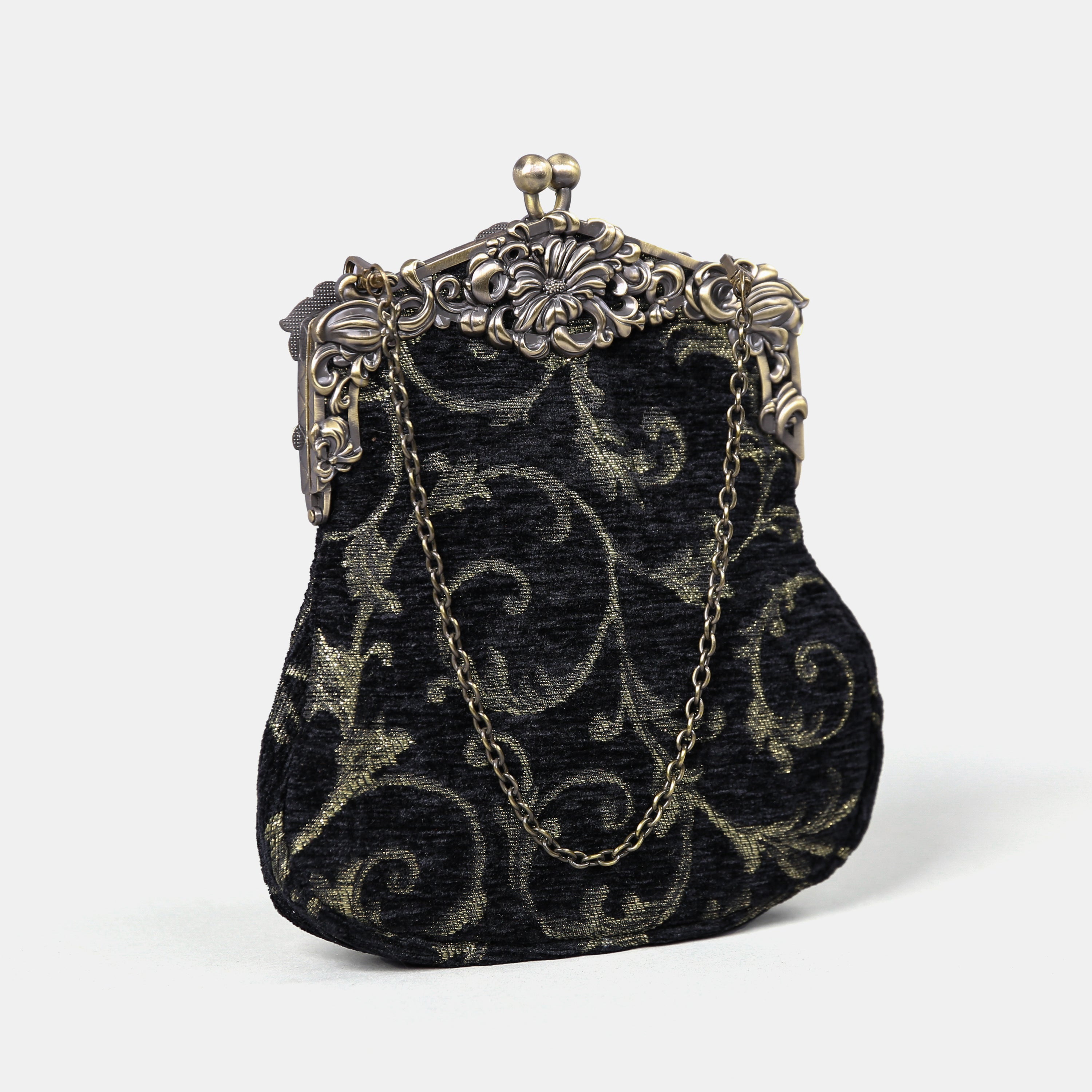 Vintage Scroll Black Chatelaine Purse Large carpet bag of America main
