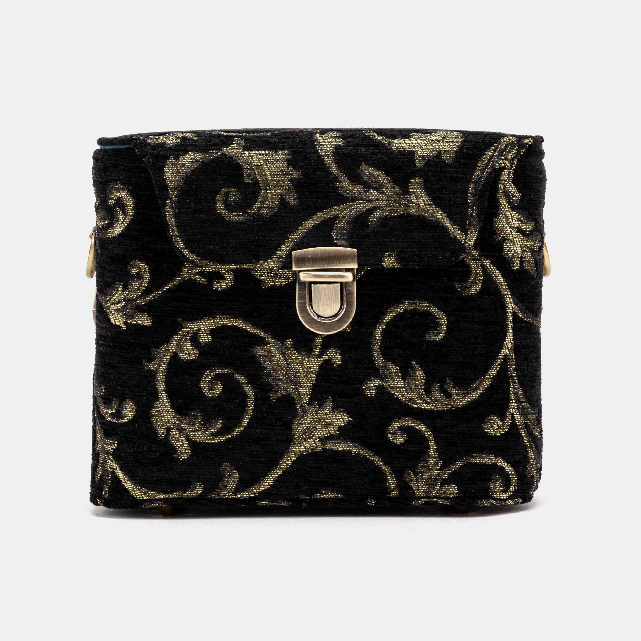 Vintage Scroll Black Green Emma Small Train Case Crossbody of America front