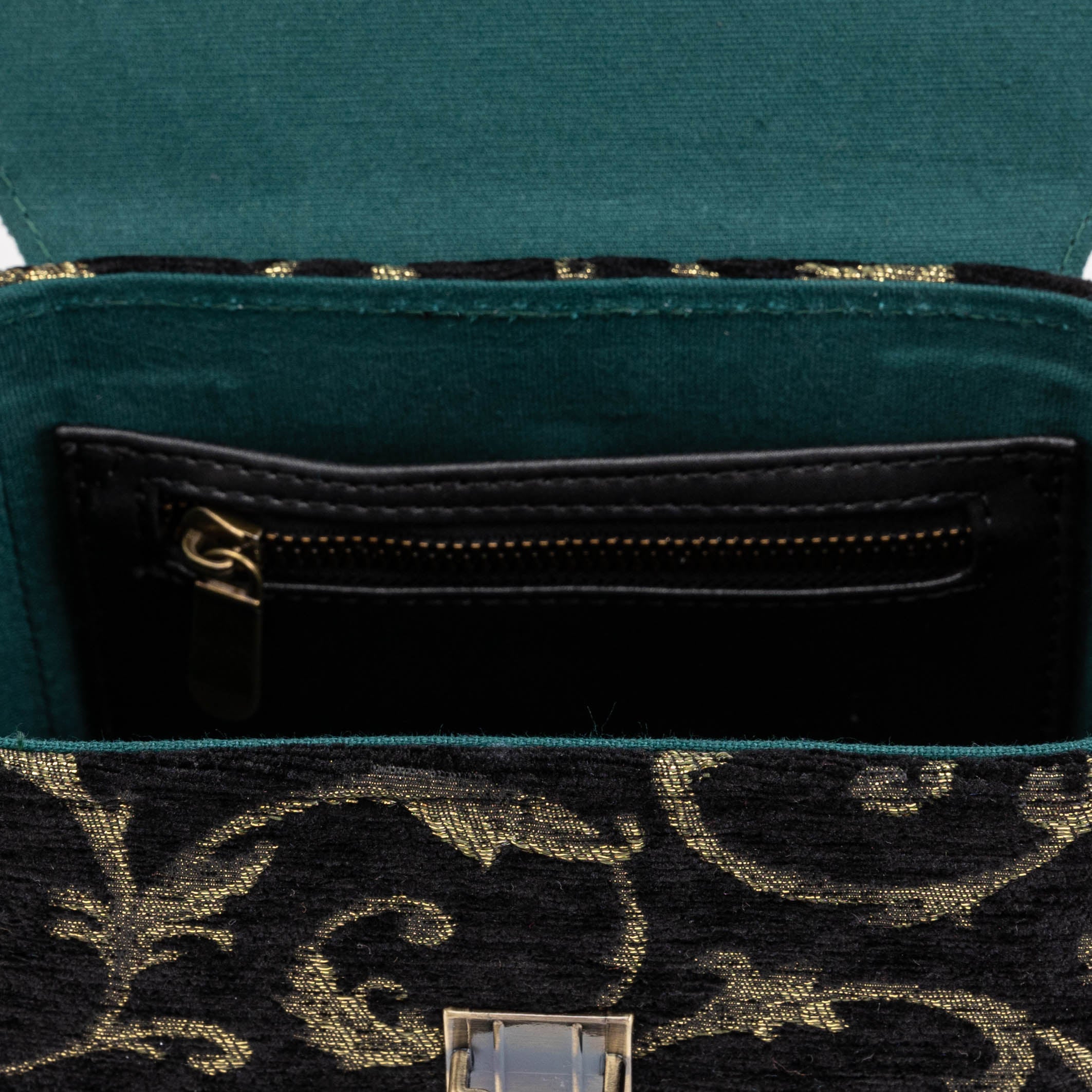 Vintage Scroll Black Green Emma Small Train Case Crossbody of America inside zipper