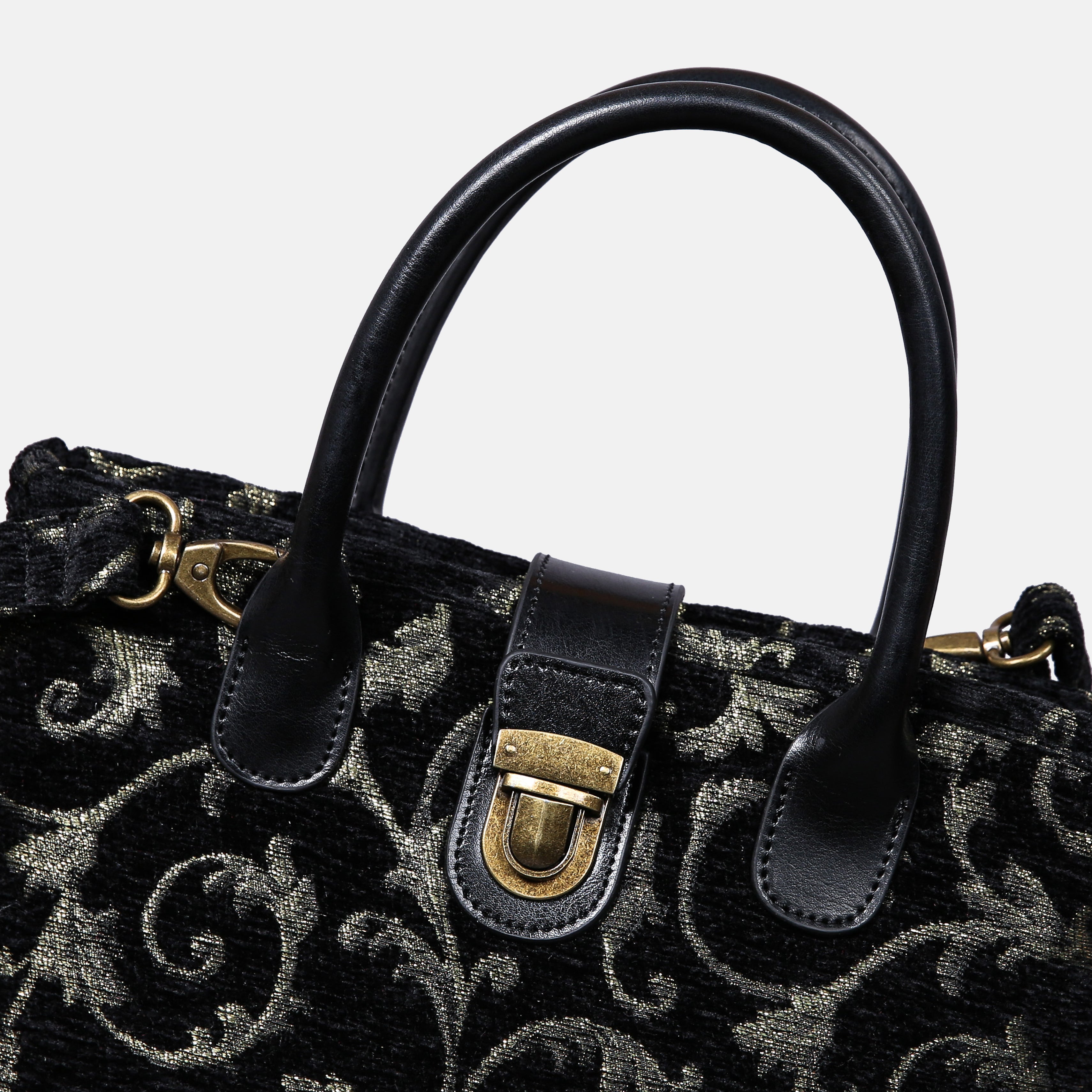 Swirls Black/Green Tuck Lock Carpet Satchel carpet bag MCW Handmade of America details